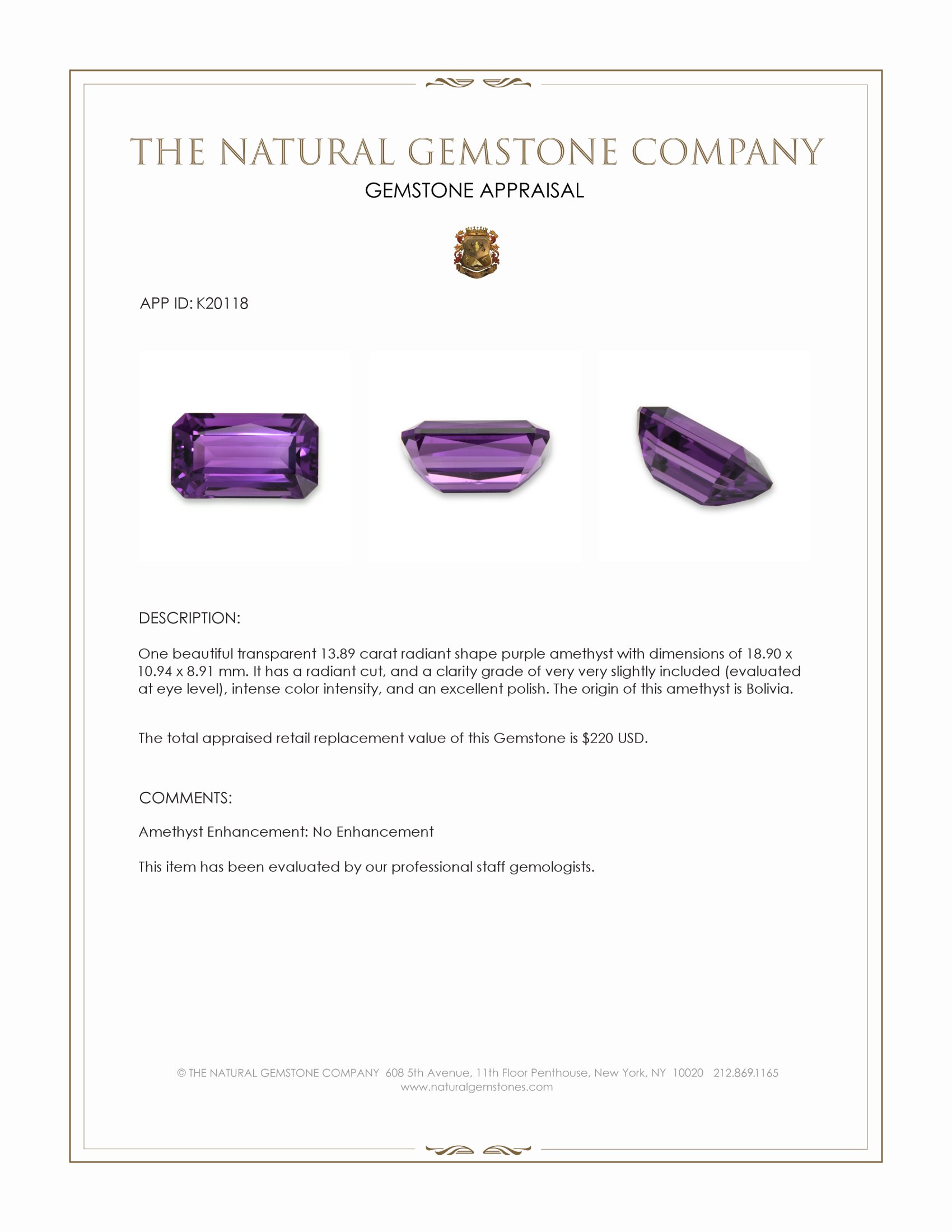 13.89 Ct. Amethyst from Bolivia