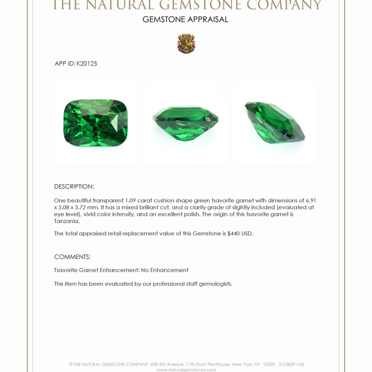 1.09 Ct. Tsavorite Garnet from Tanzania