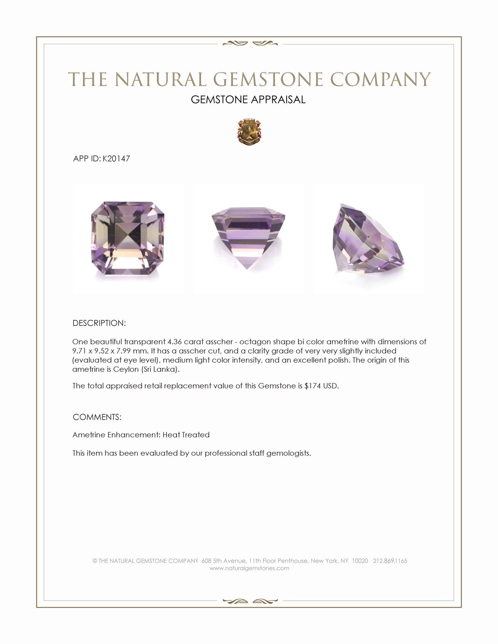 4.36 Ct. Bi Color Ametrine from Ceylon (Sri Lanka)