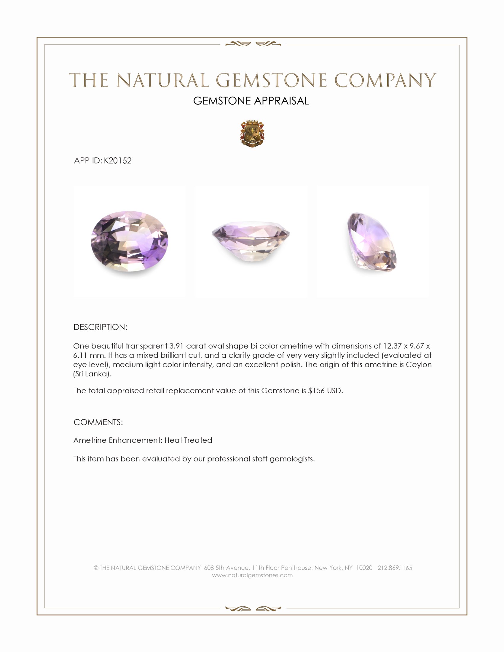 3.91 Ct. Bi Color Ametrine from Ceylon (Sri Lanka)