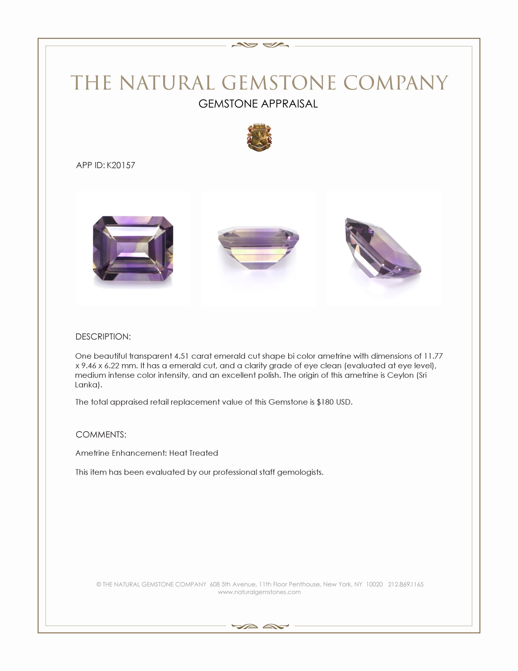 4.51 Ct. Bi Color Ametrine from Ceylon (Sri Lanka)