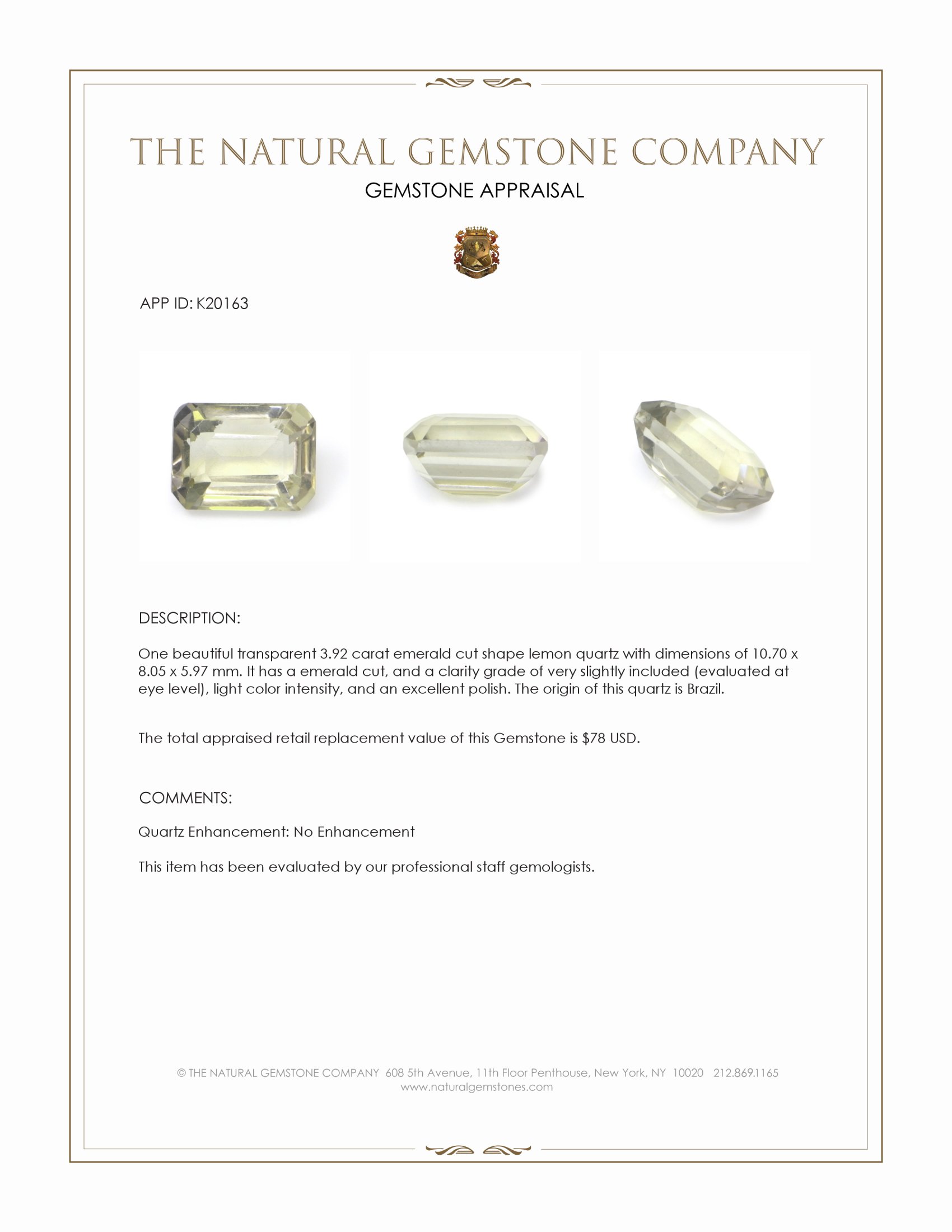 3.92 Ct. Lemon Quartz from Brazil