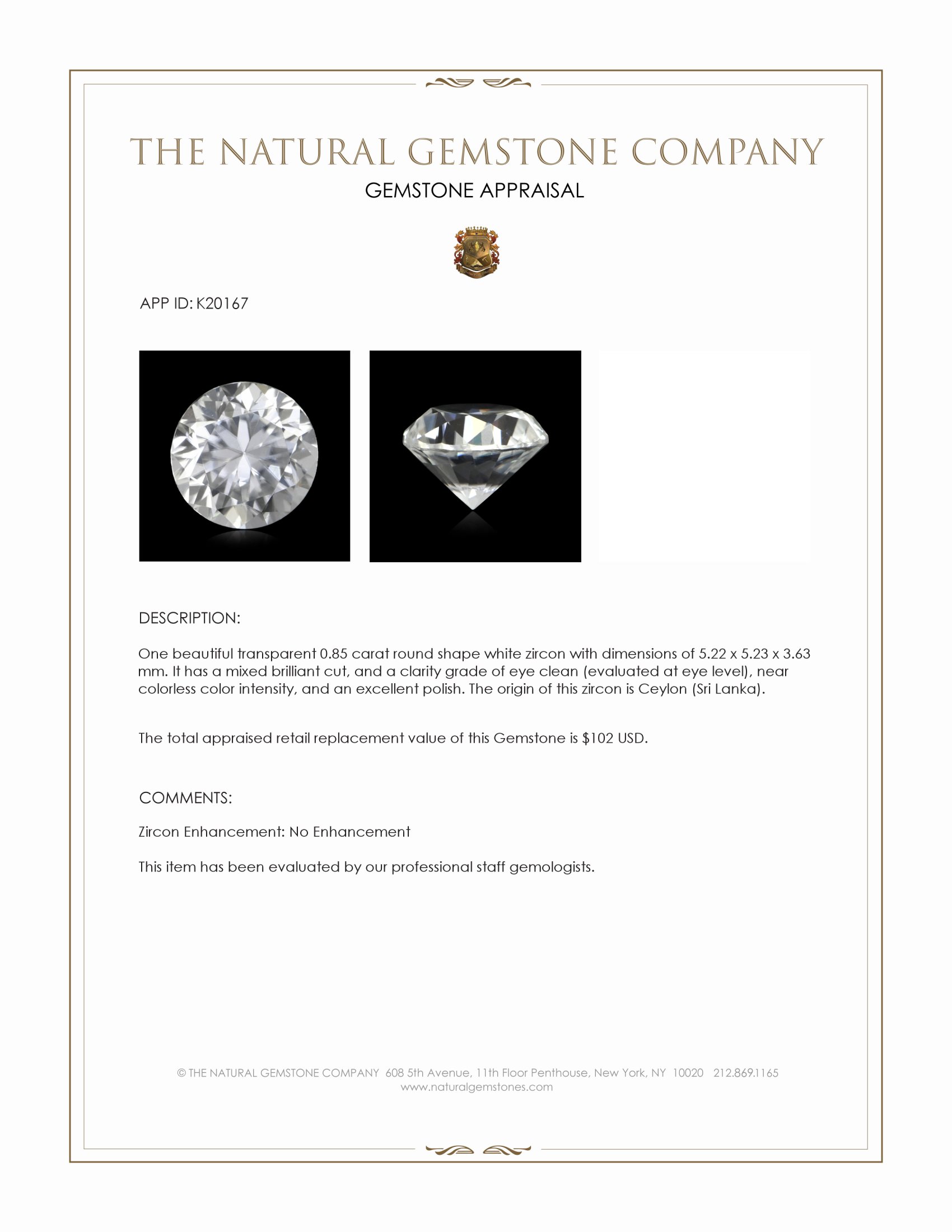0.85 Ct. White Zircon from Ceylon (Sri Lanka)