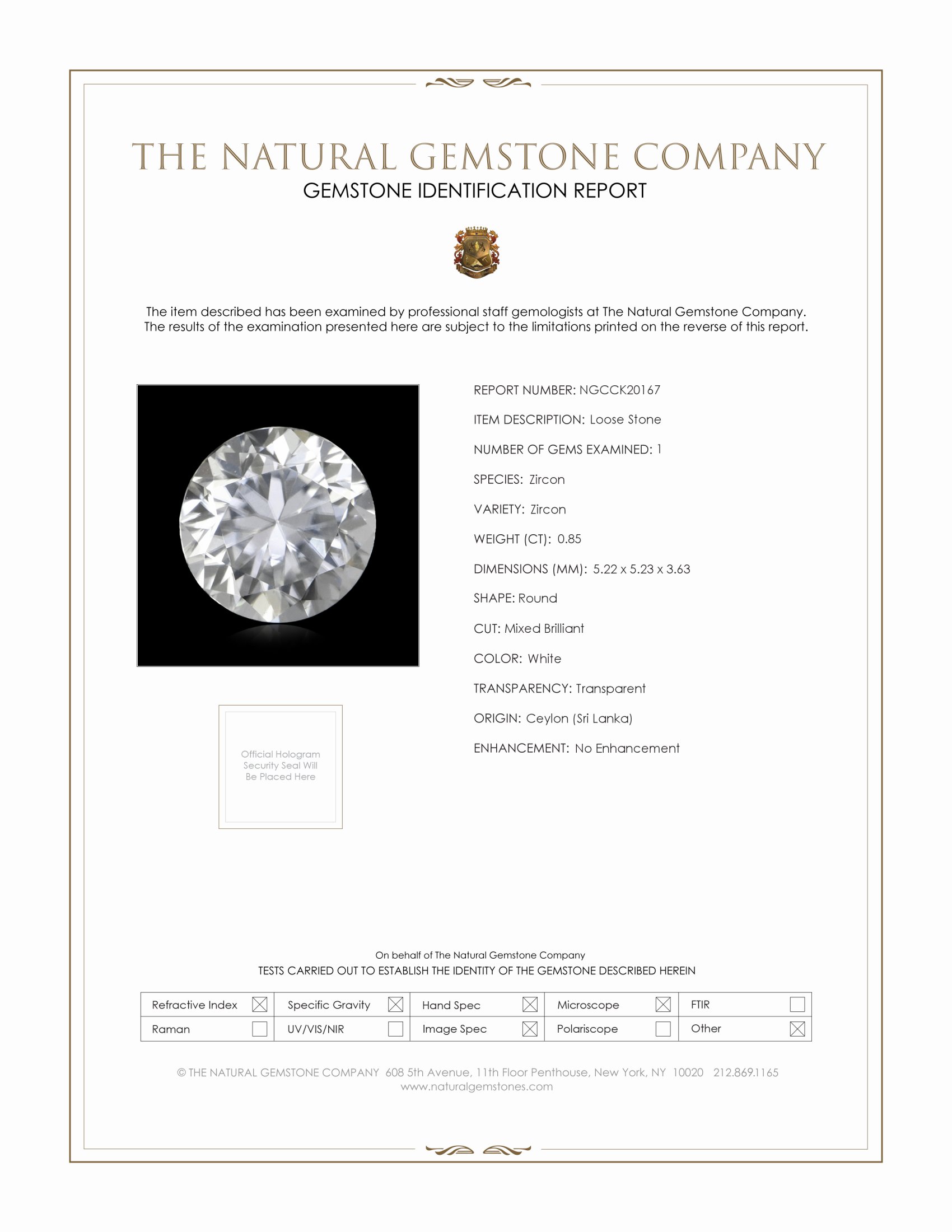0.85 Ct. White Zircon from Ceylon (Sri Lanka)