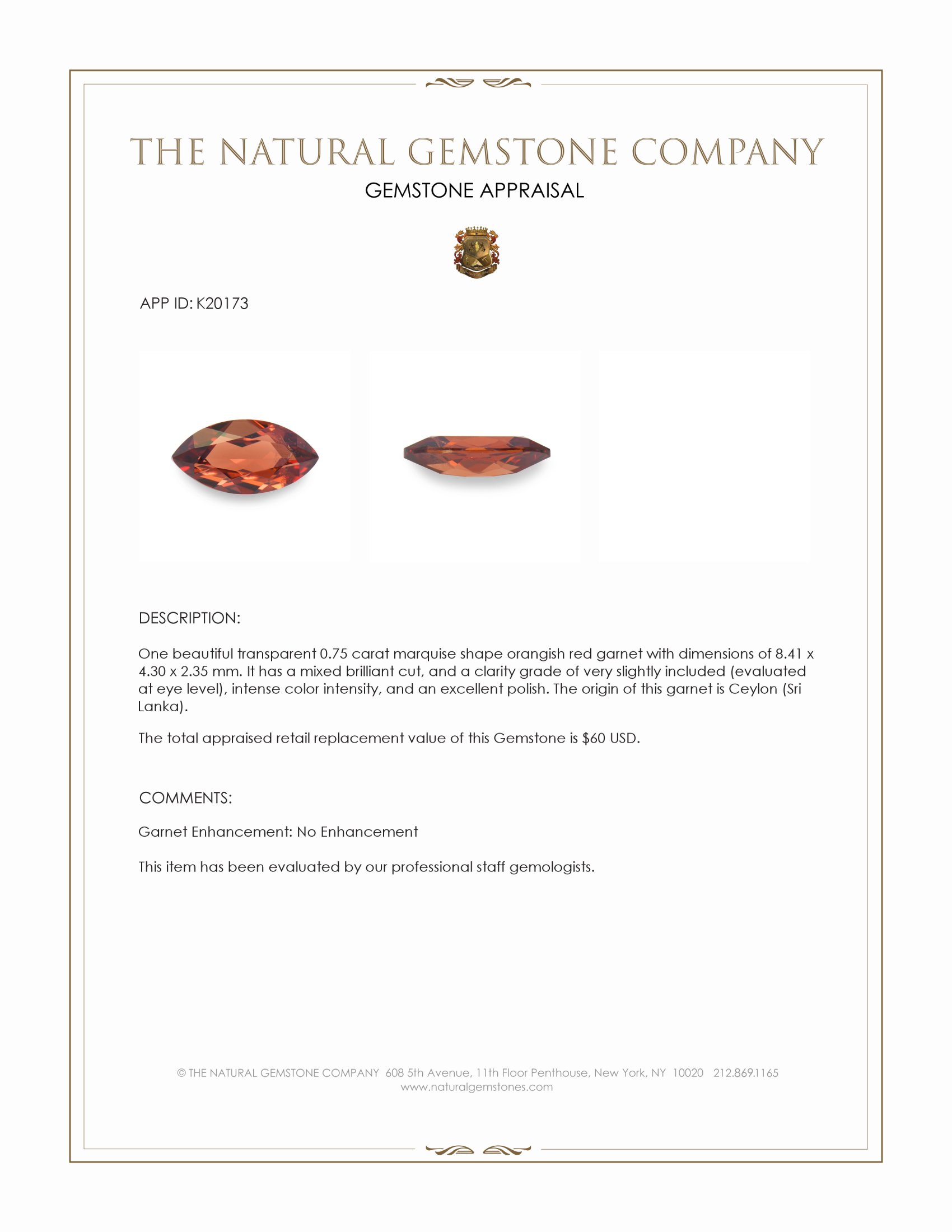 0.75 Ct. Orangish Red Garnet from Ceylon (Sri Lanka)