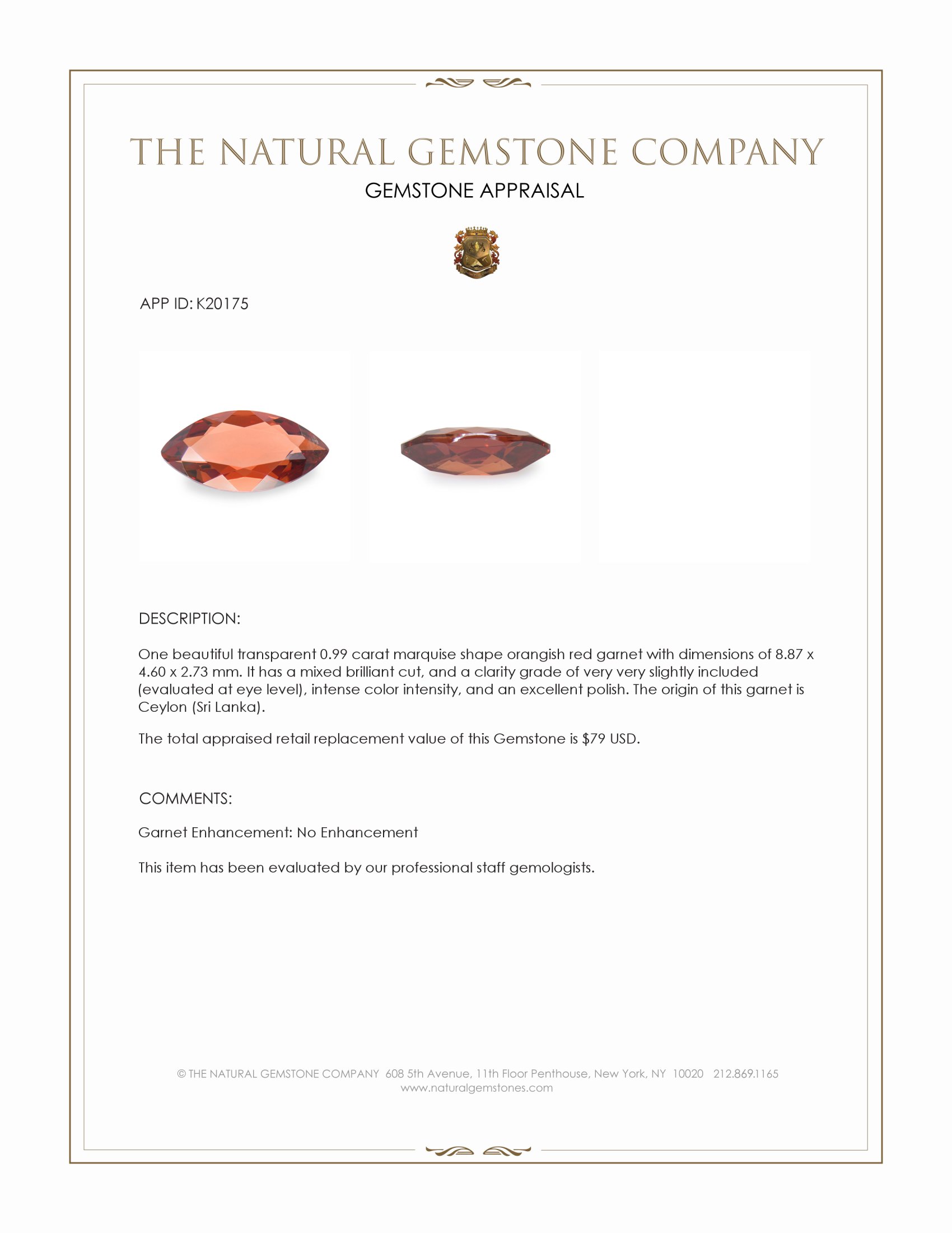 0.99 Ct. Orangish Red Garnet from Ceylon (Sri Lanka)