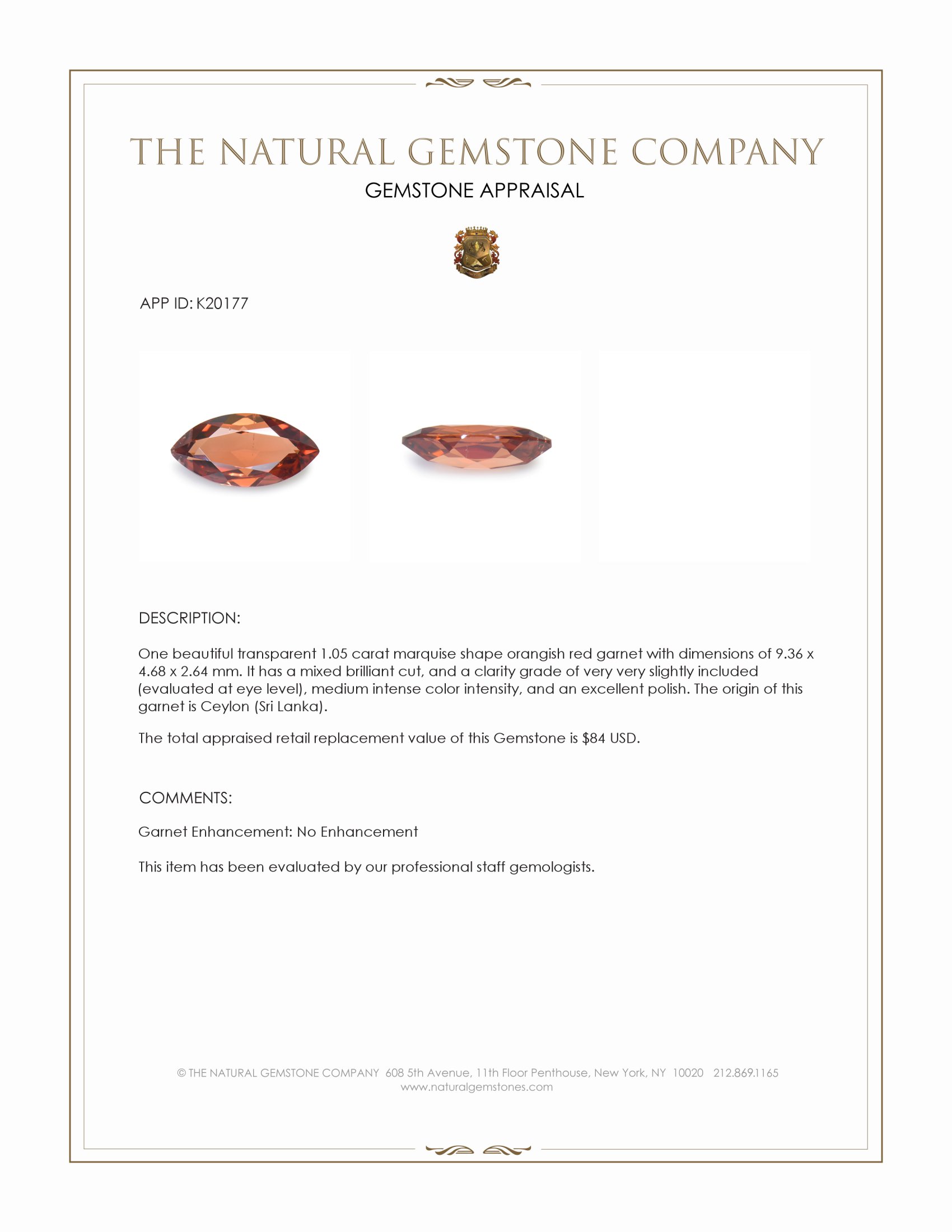 1.05 Ct. Garnet from Ceylon (Sri Lanka)