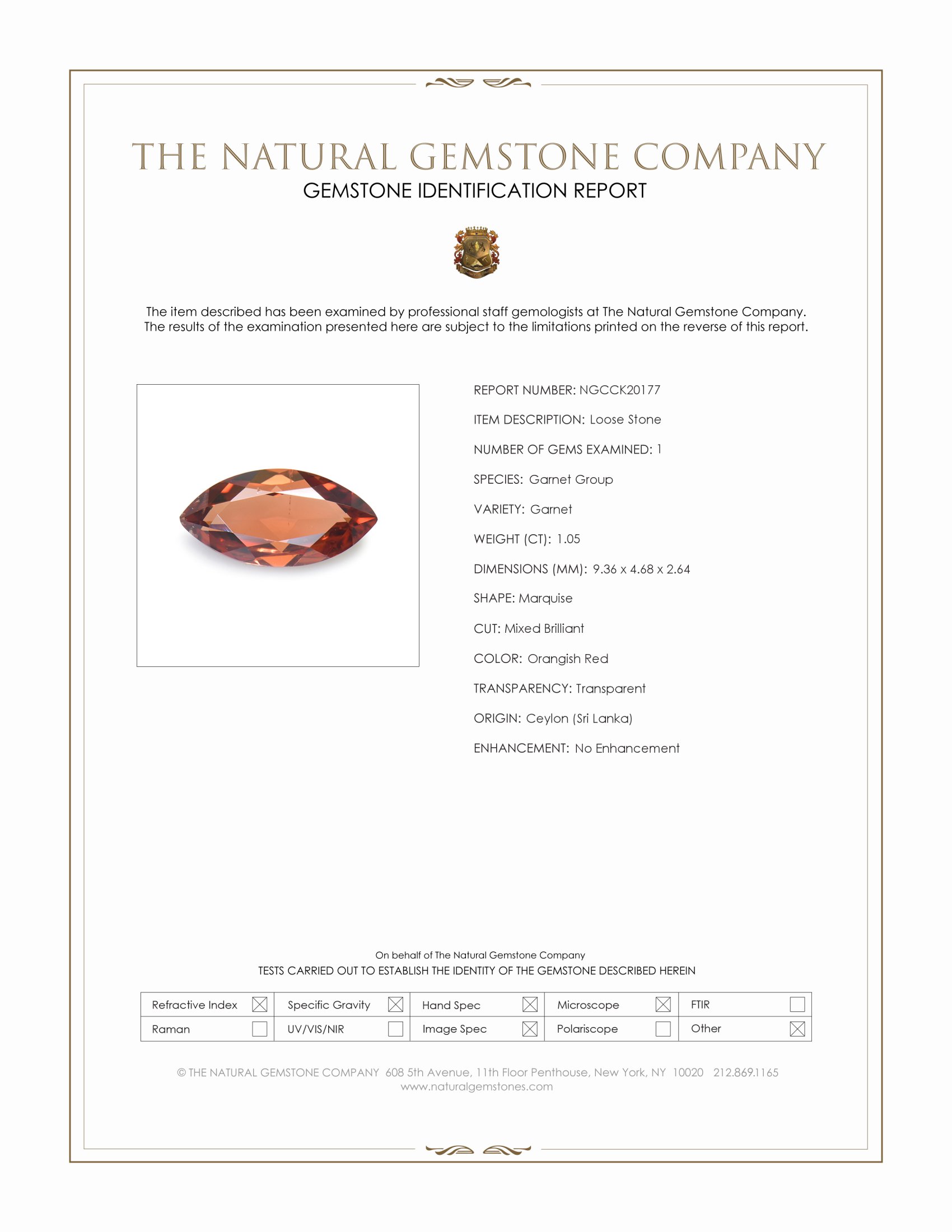1.05 Ct. Orangish Red Garnet from Ceylon (Sri Lanka)