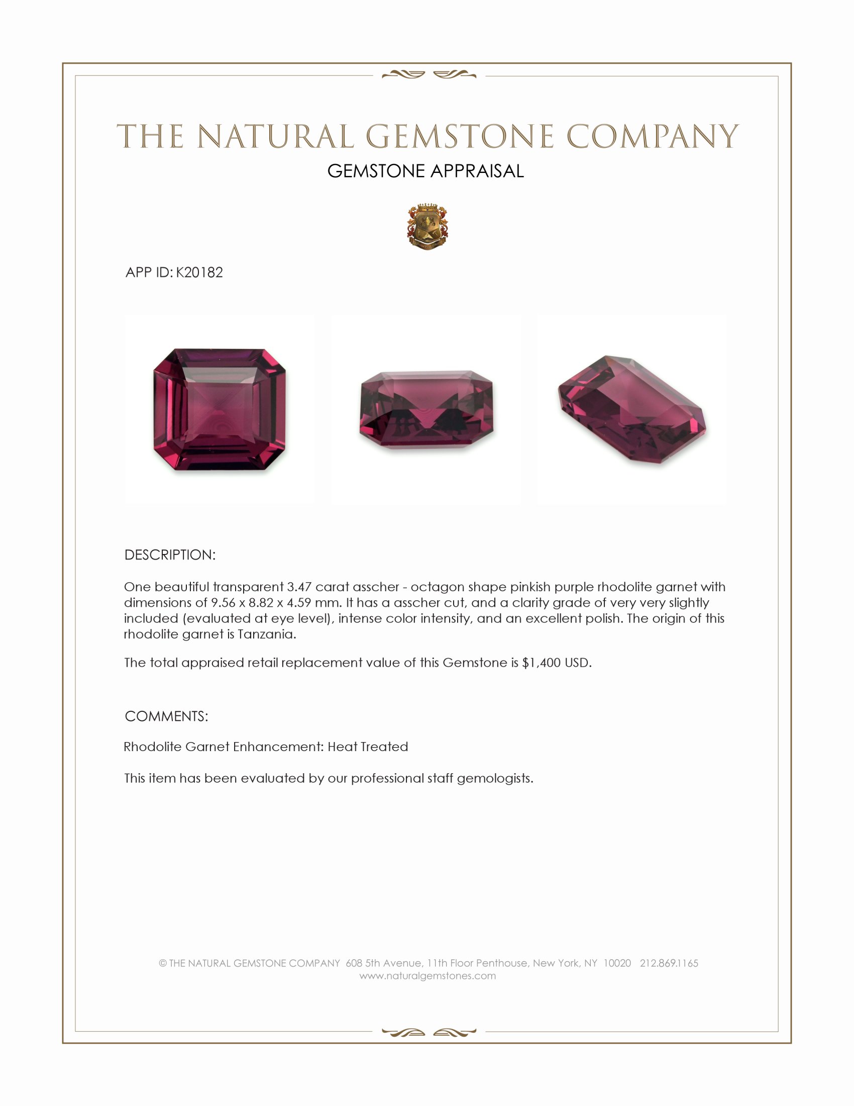 3.47 Ct. Pinkish Purple Rhodolite Garnet from Tanzania
