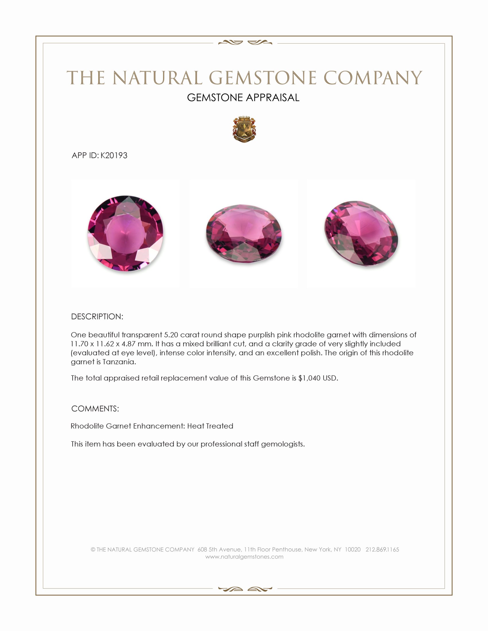 5.20 Ct. Rhodolite Garnet from Tanzania