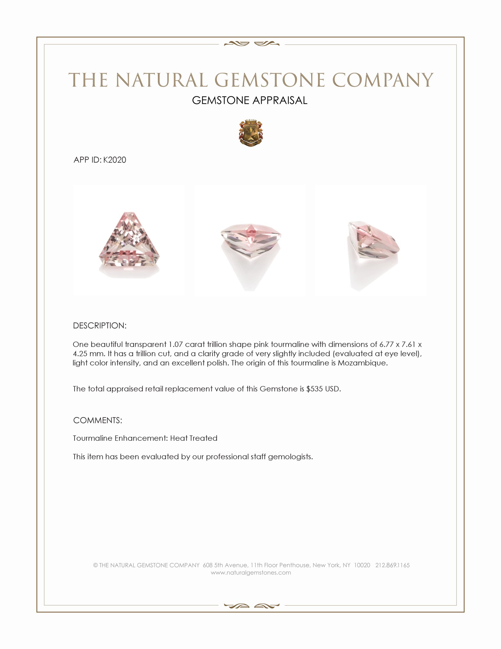 1.07 Ct. Pink Tourmaline from Mozambique