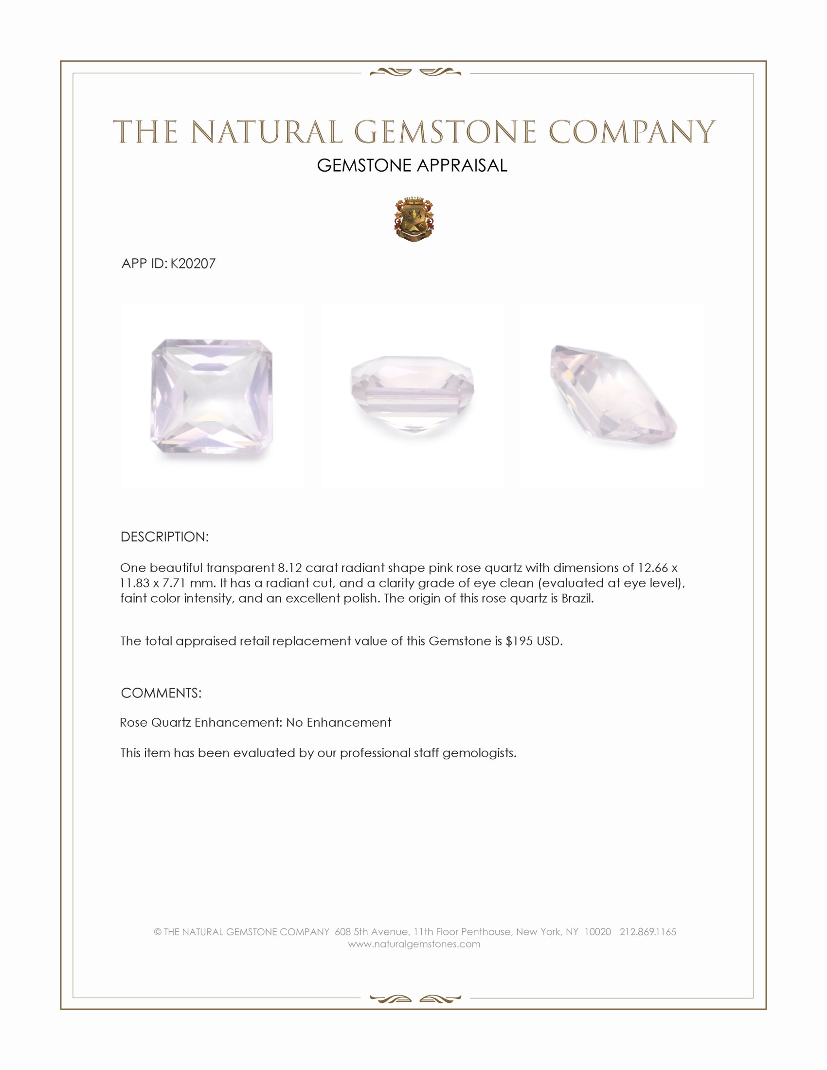 8.12 Ct. Pink Rose Quartz from Brazil