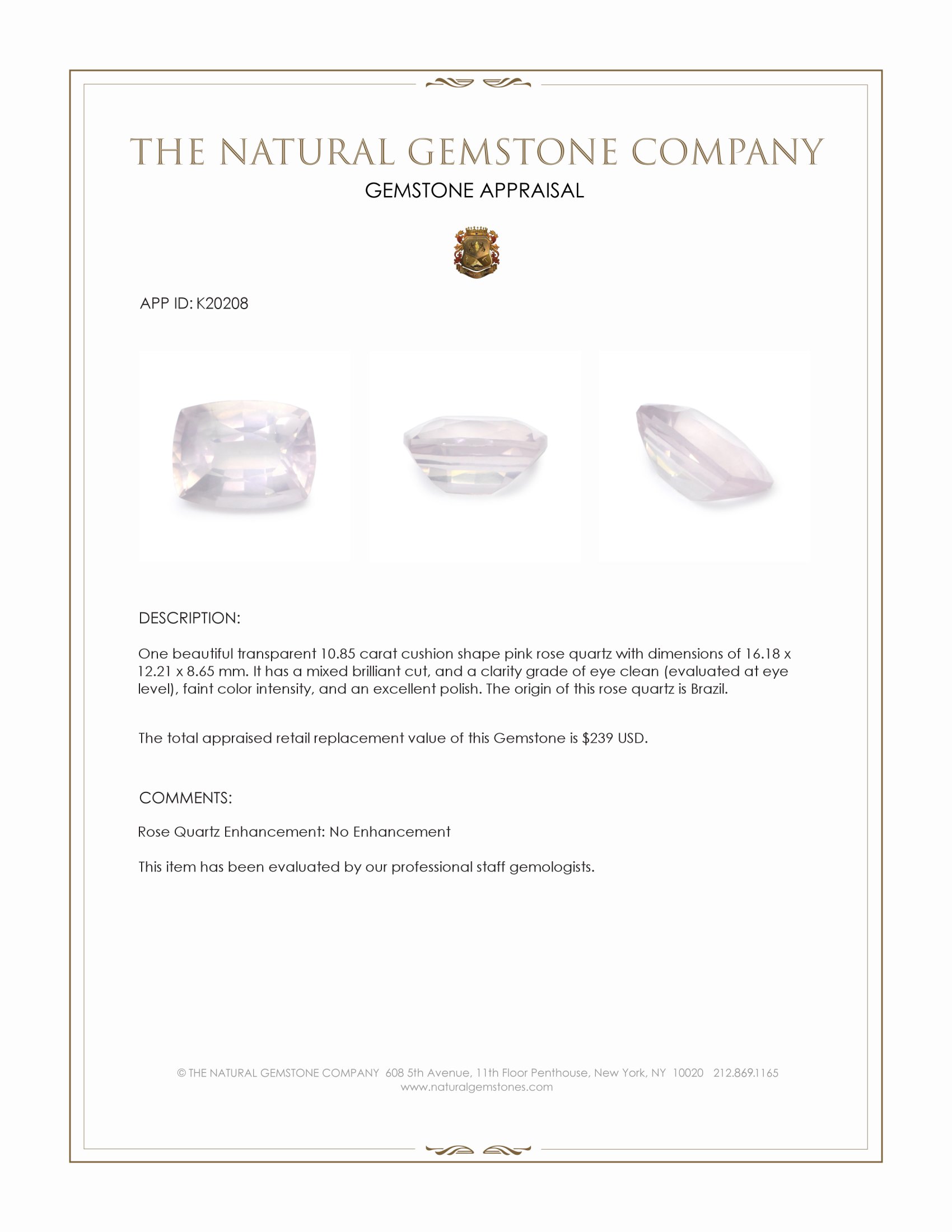 10.85 Ct. Pink Rose Quartz from Brazil