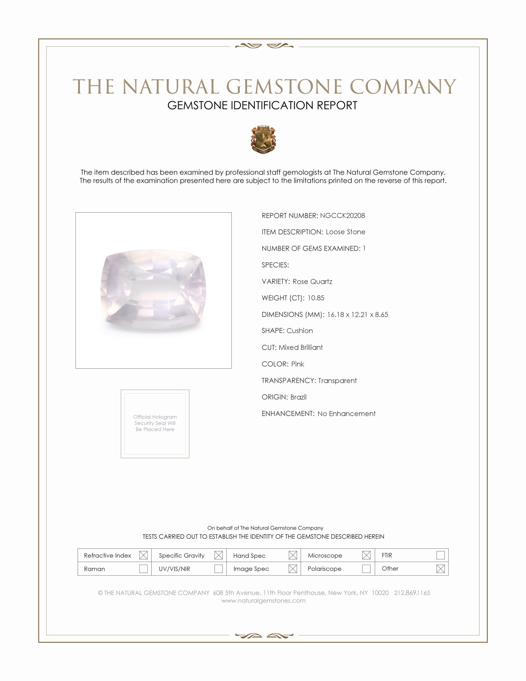 10.85 Ct. Pink Rose Quartz from Brazil