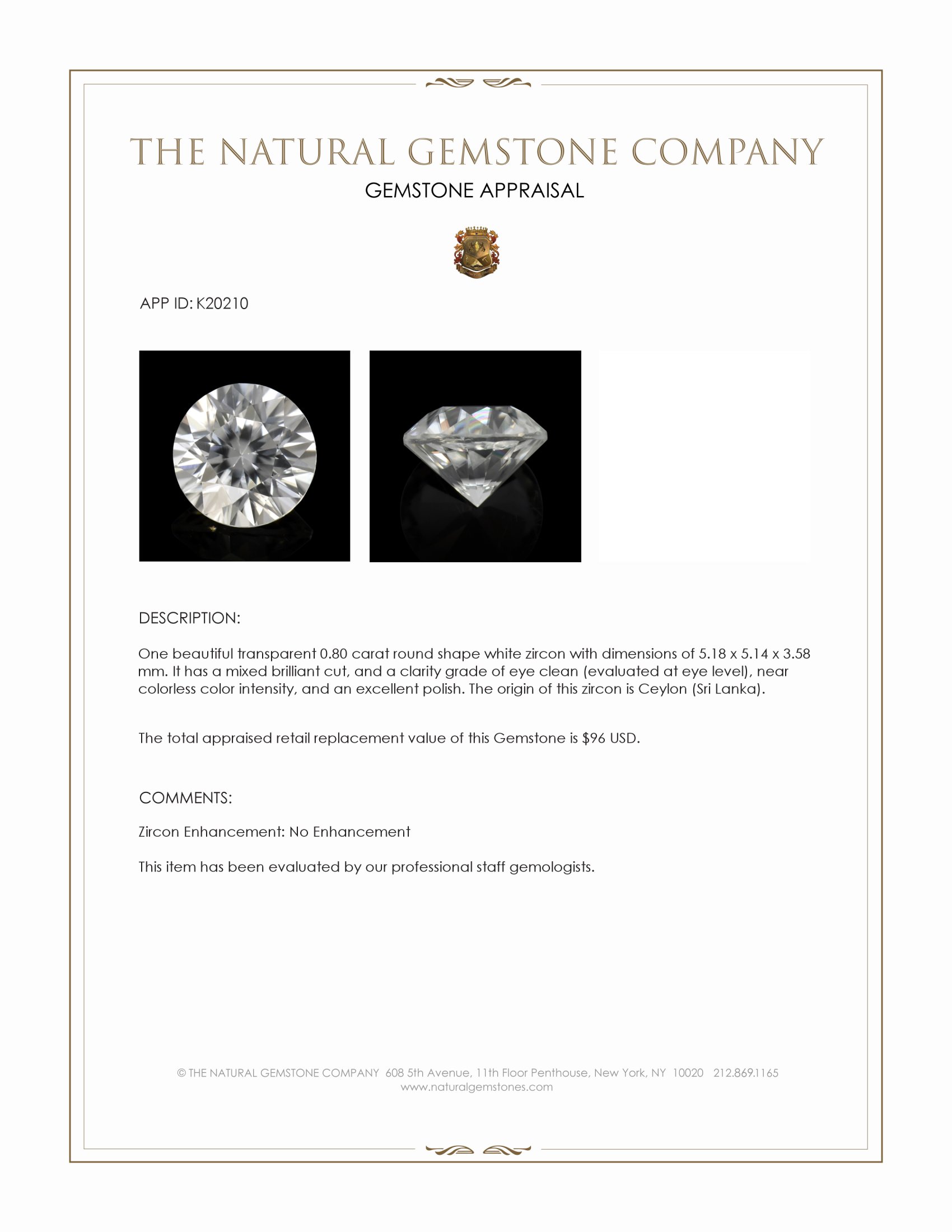 0.80 Ct. White Zircon from Ceylon (Sri Lanka)