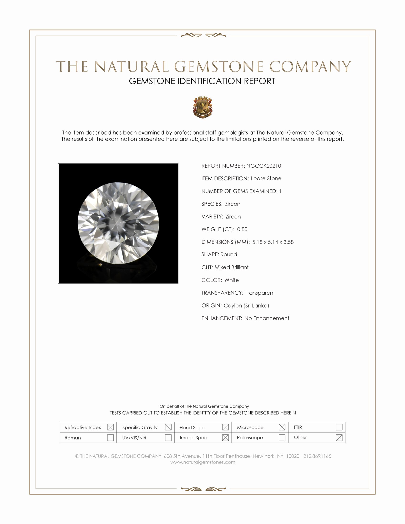 0.80 Ct. White Zircon from Ceylon (Sri Lanka)