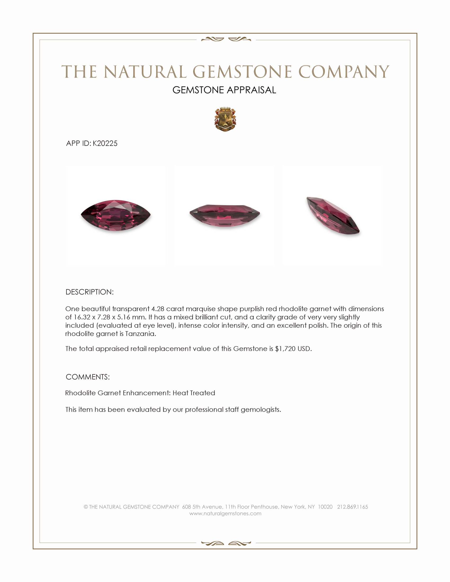 4.28 Ct. Purplish Red Rhodolite Garnet from Tanzania