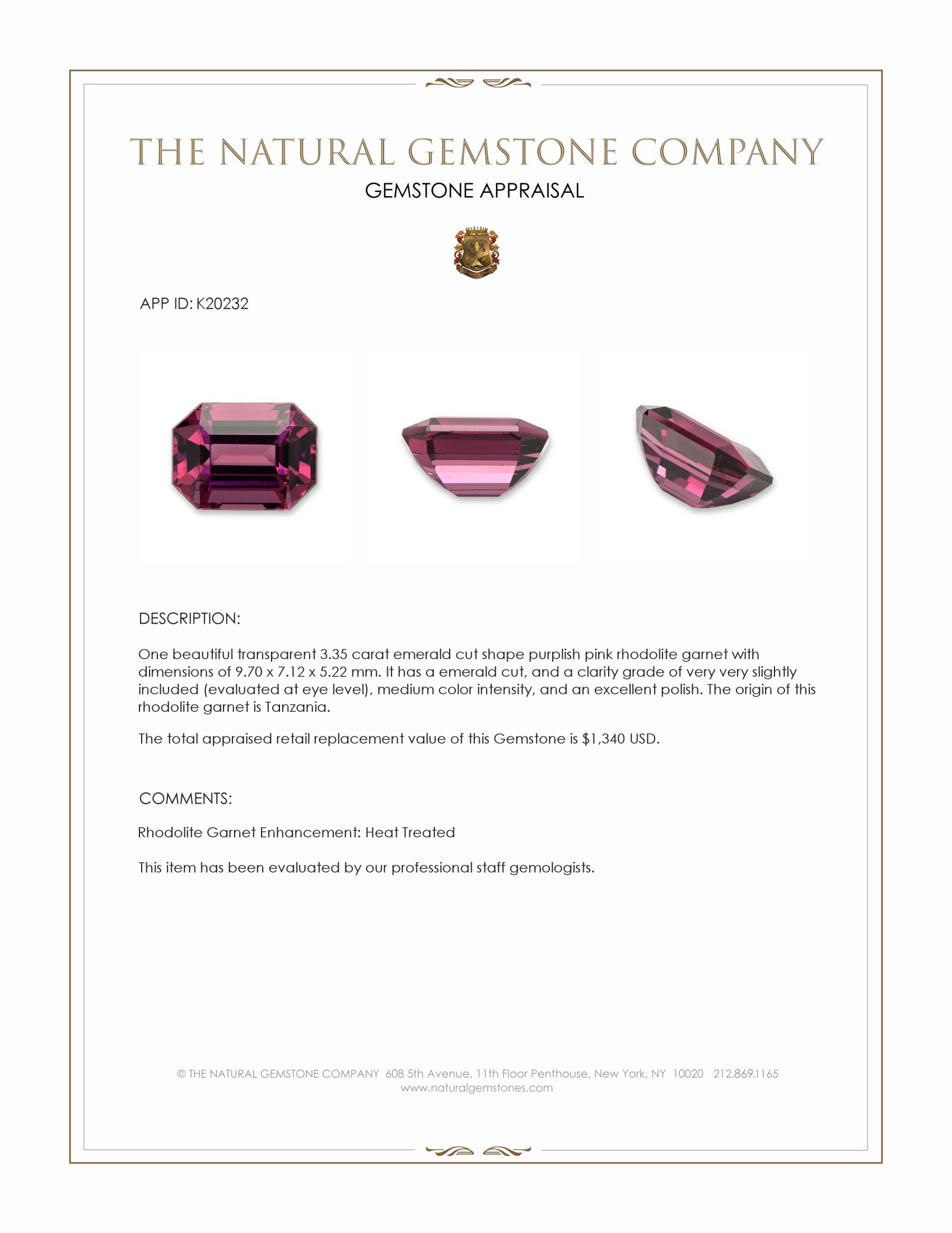3.35 Ct. Rhodolite Garnet from Tanzania