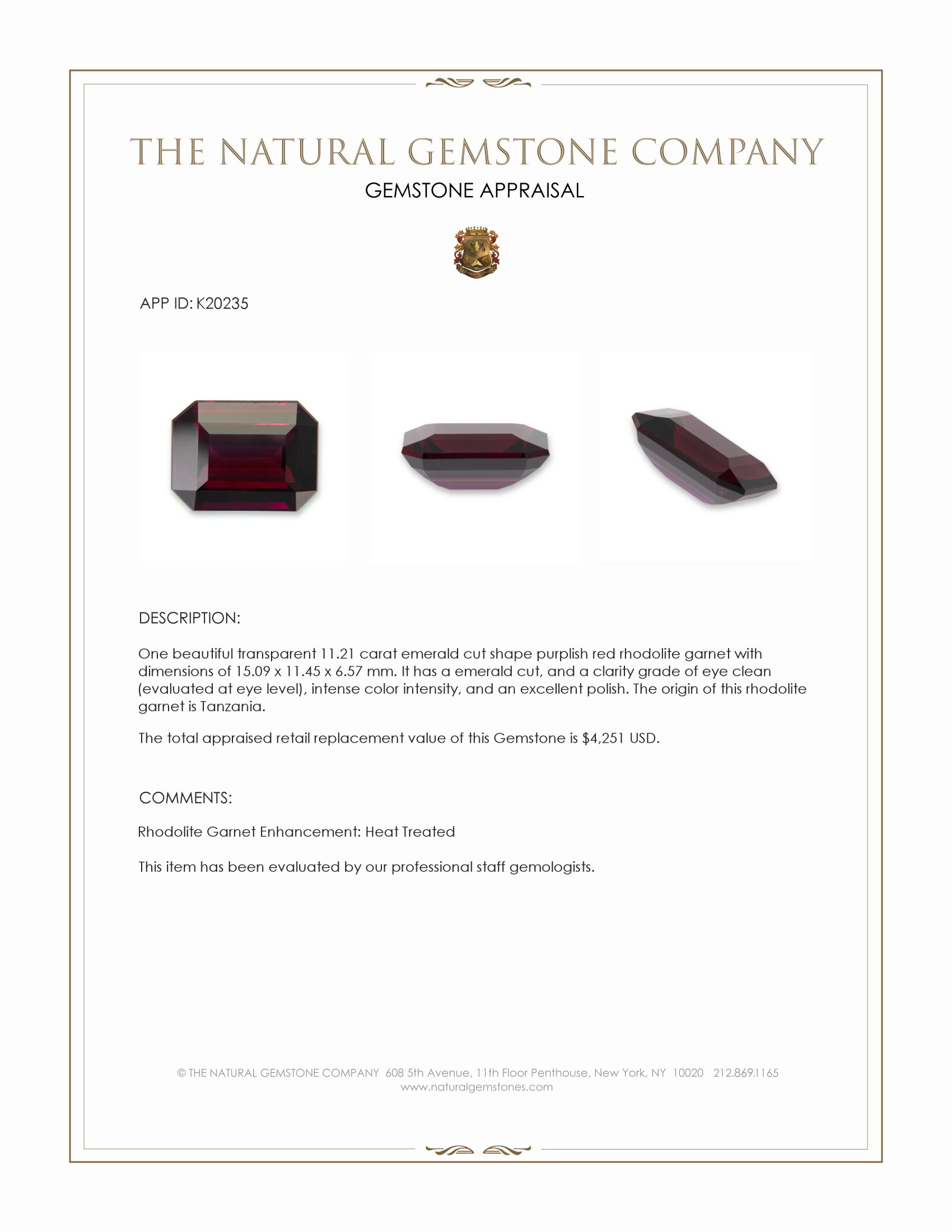 11.21 Ct. Purplish Red Rhodolite Garnet from Tanzania