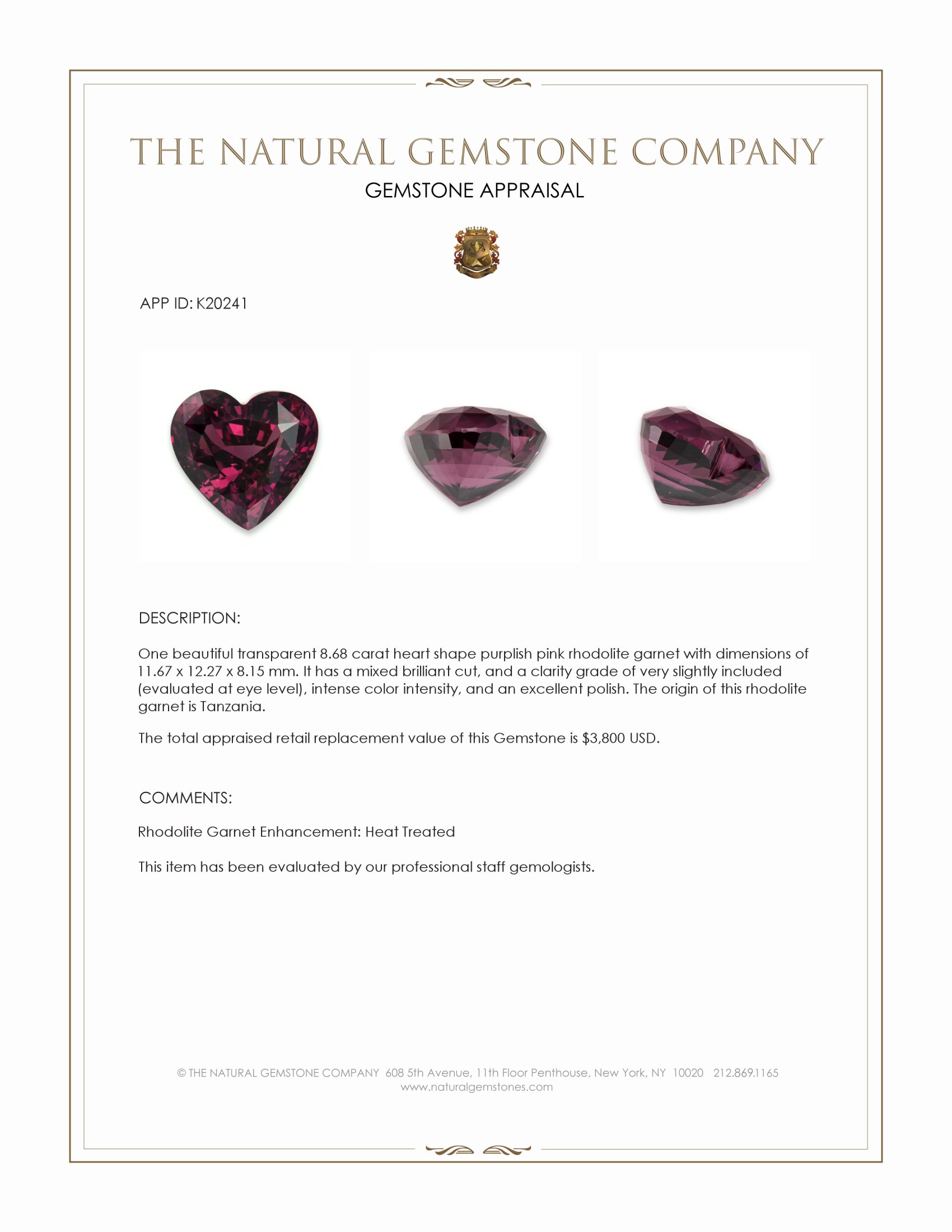 8.68 Ct. Rhodolite Garnet from Tanzania