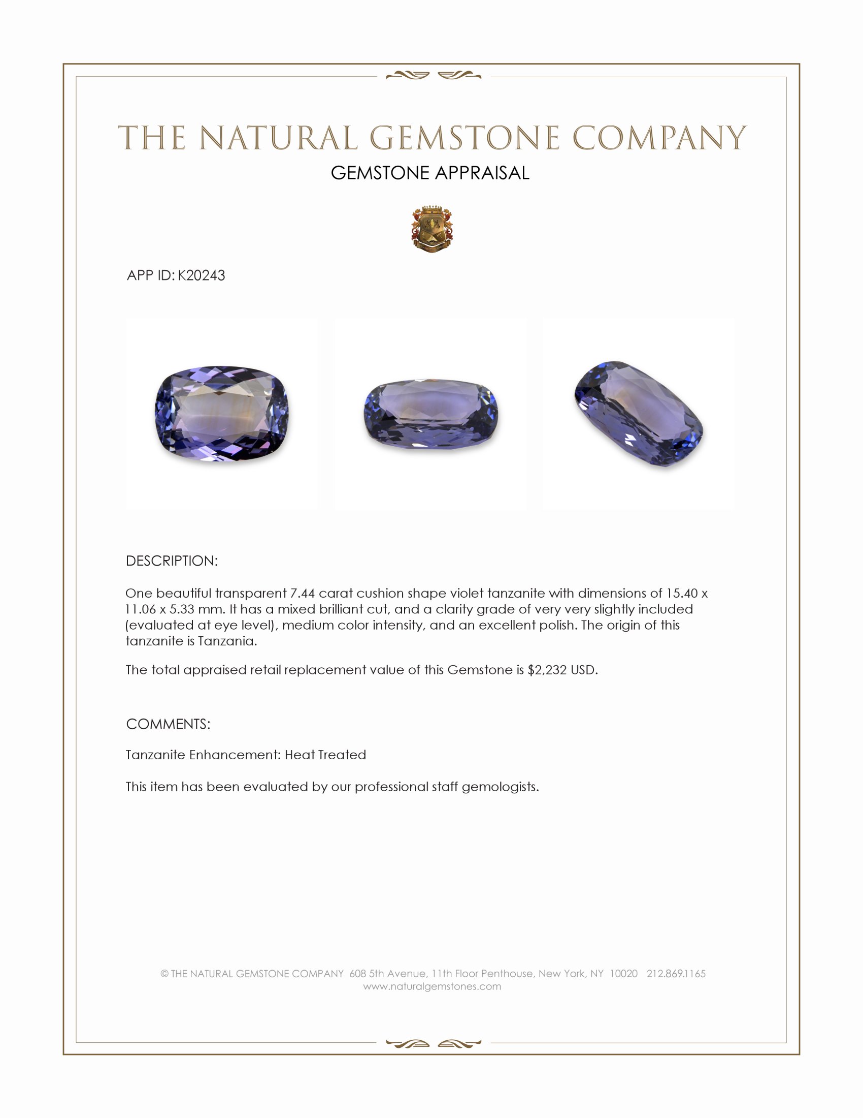 7.44 Ct. Violet Tanzanite from Tanzania
