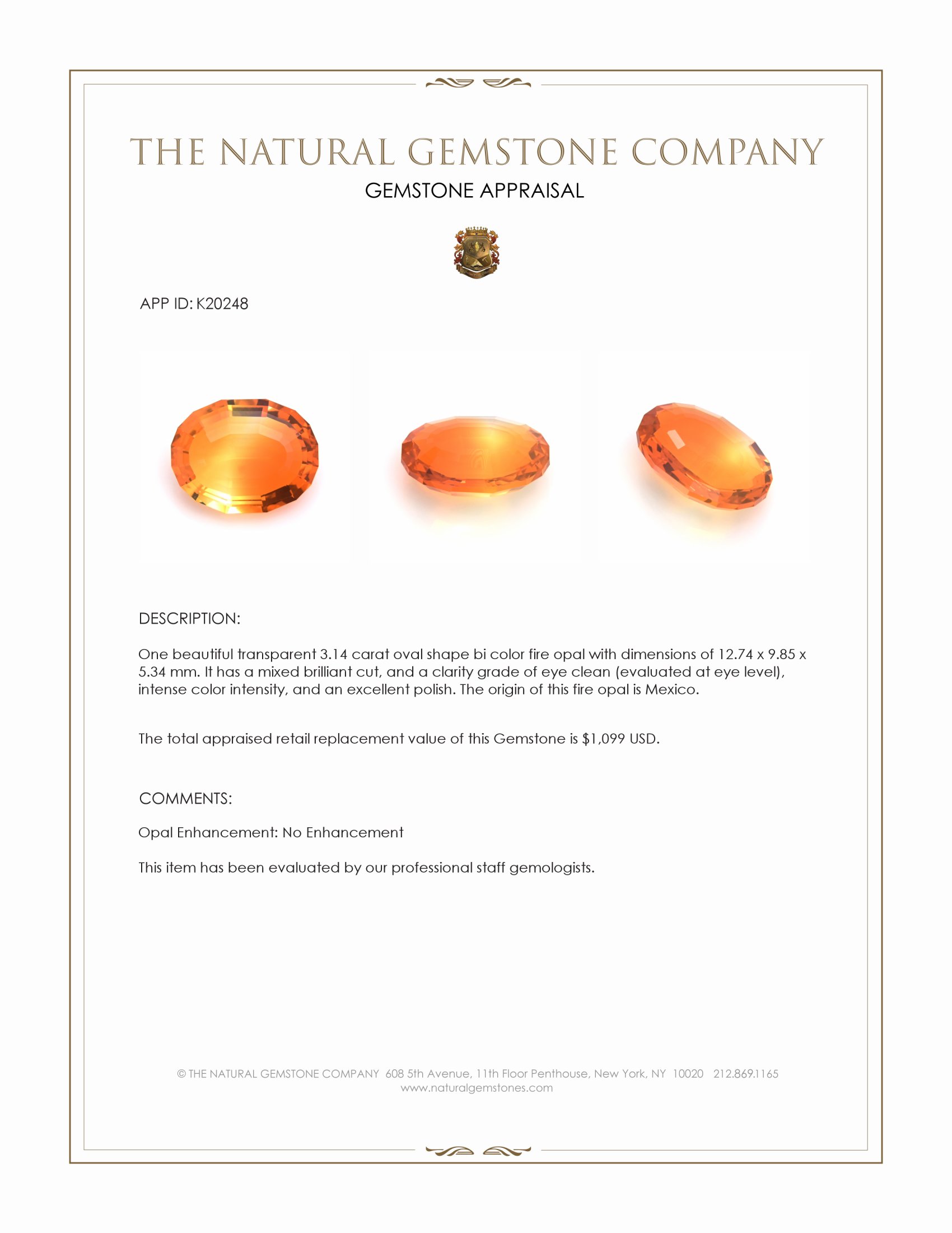 3.14 Ct. Fire Opal from Mexico