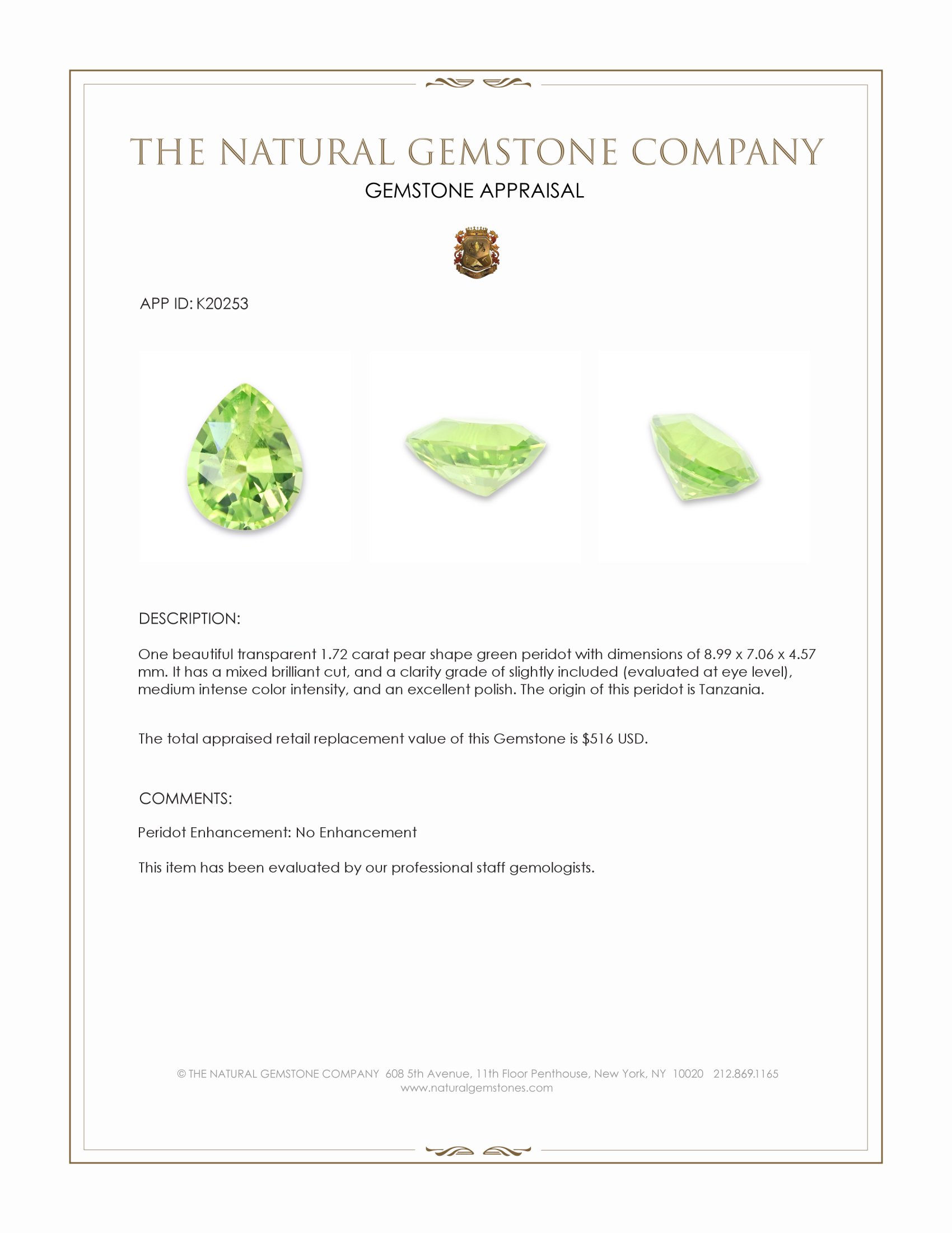 1.72 Ct. Green (Lime Green) Peridot from Tanzania