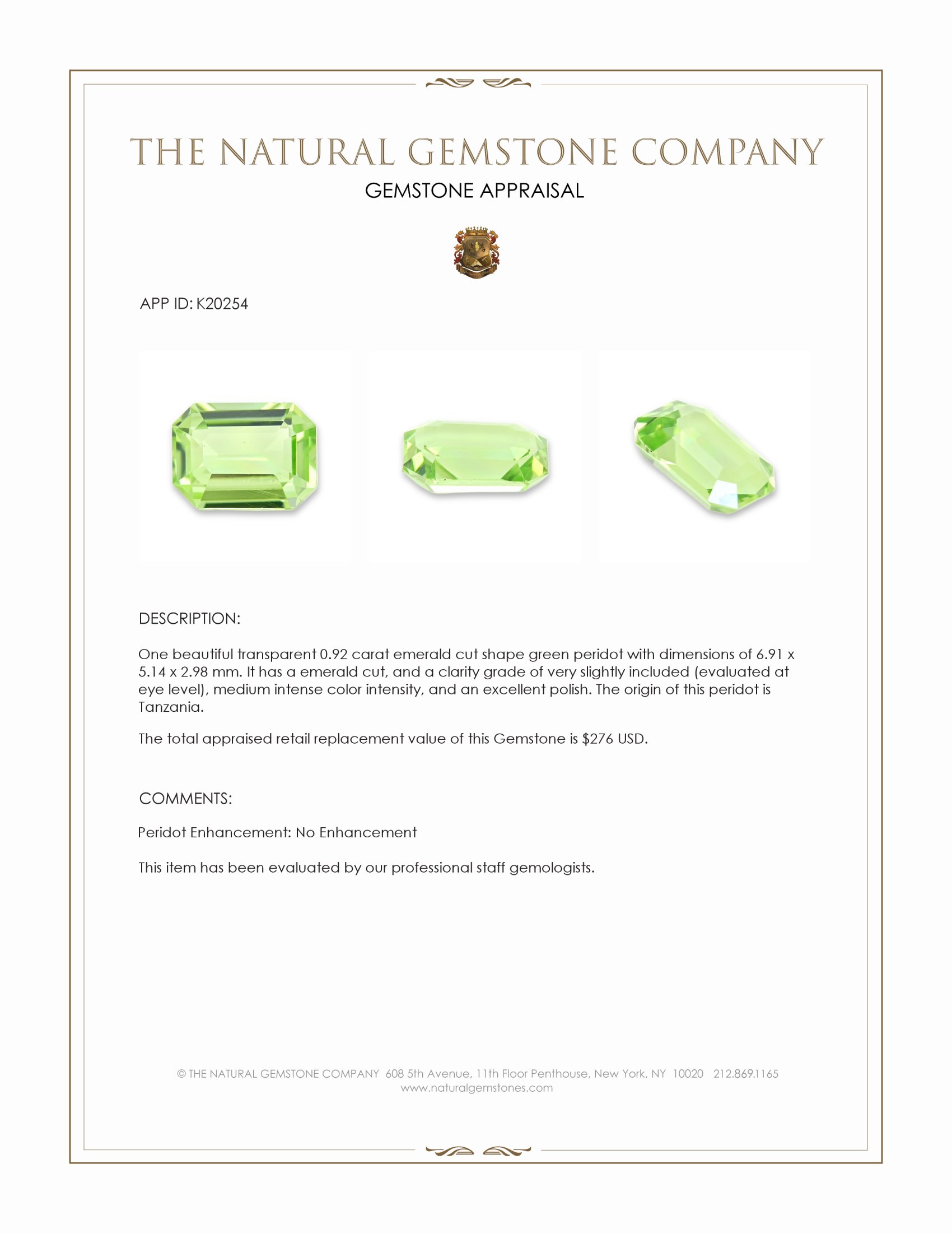 0.92 Ct. Green (Lime Green) Peridot from Tanzania