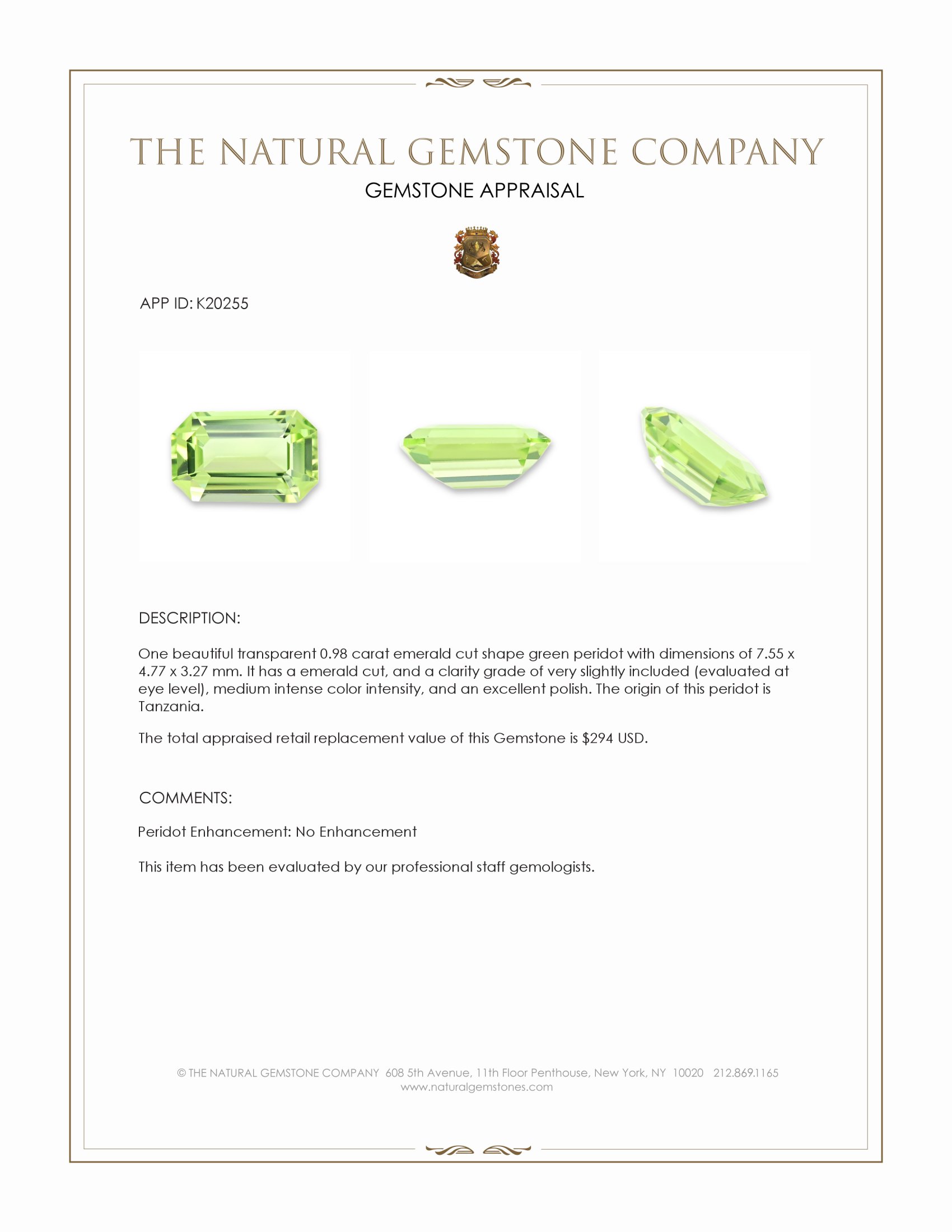 0.98 Ct. Green (Lime Green) Peridot from Tanzania