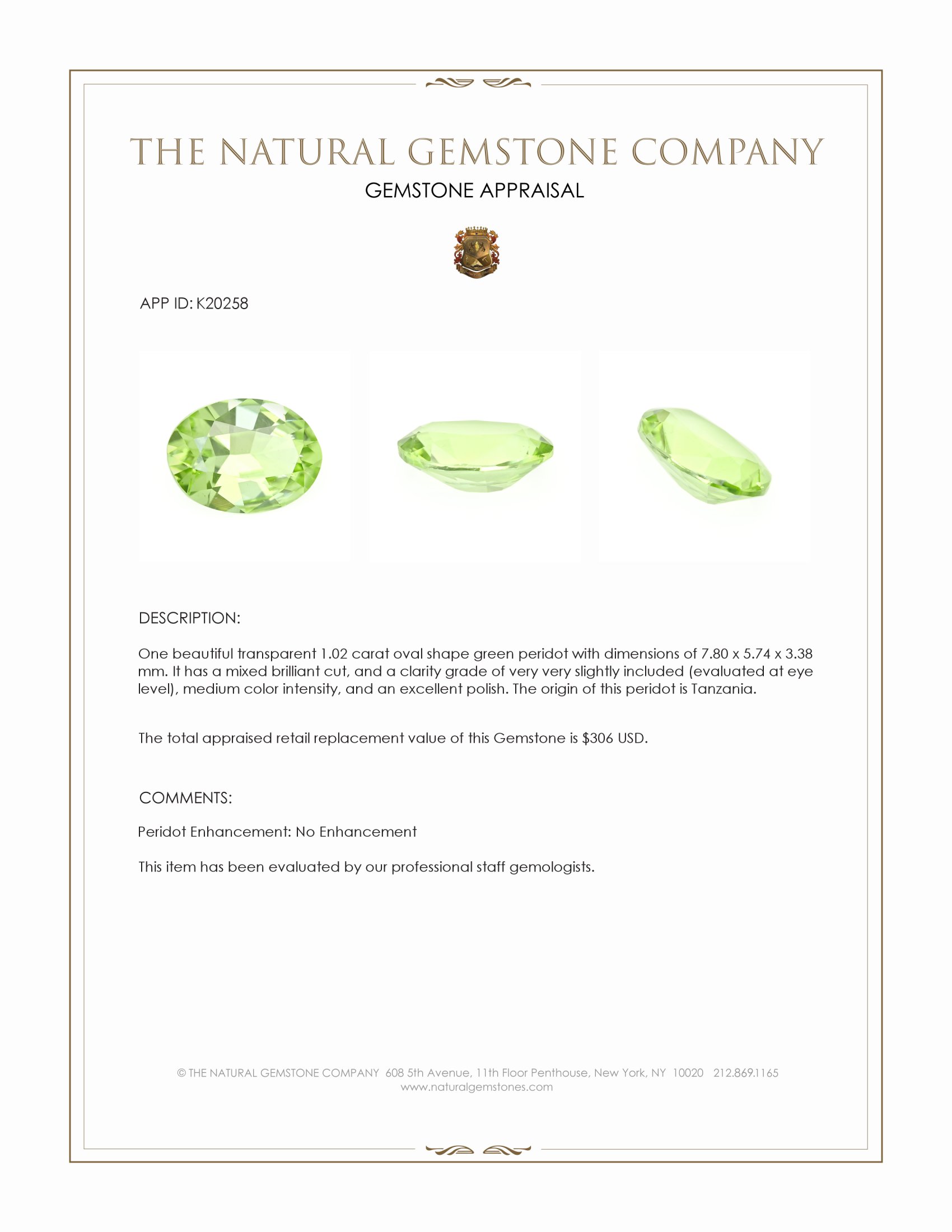 1.02 Ct. Green Peridot from Tanzania