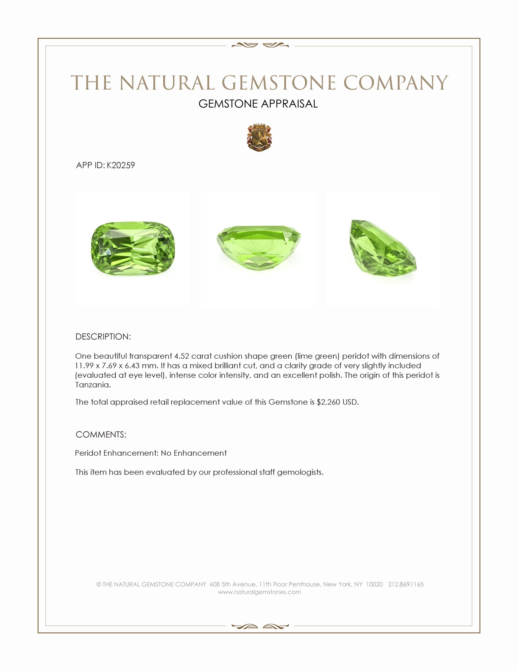 4.52 Ct. Green (Lime Green) Peridot from Tanzania