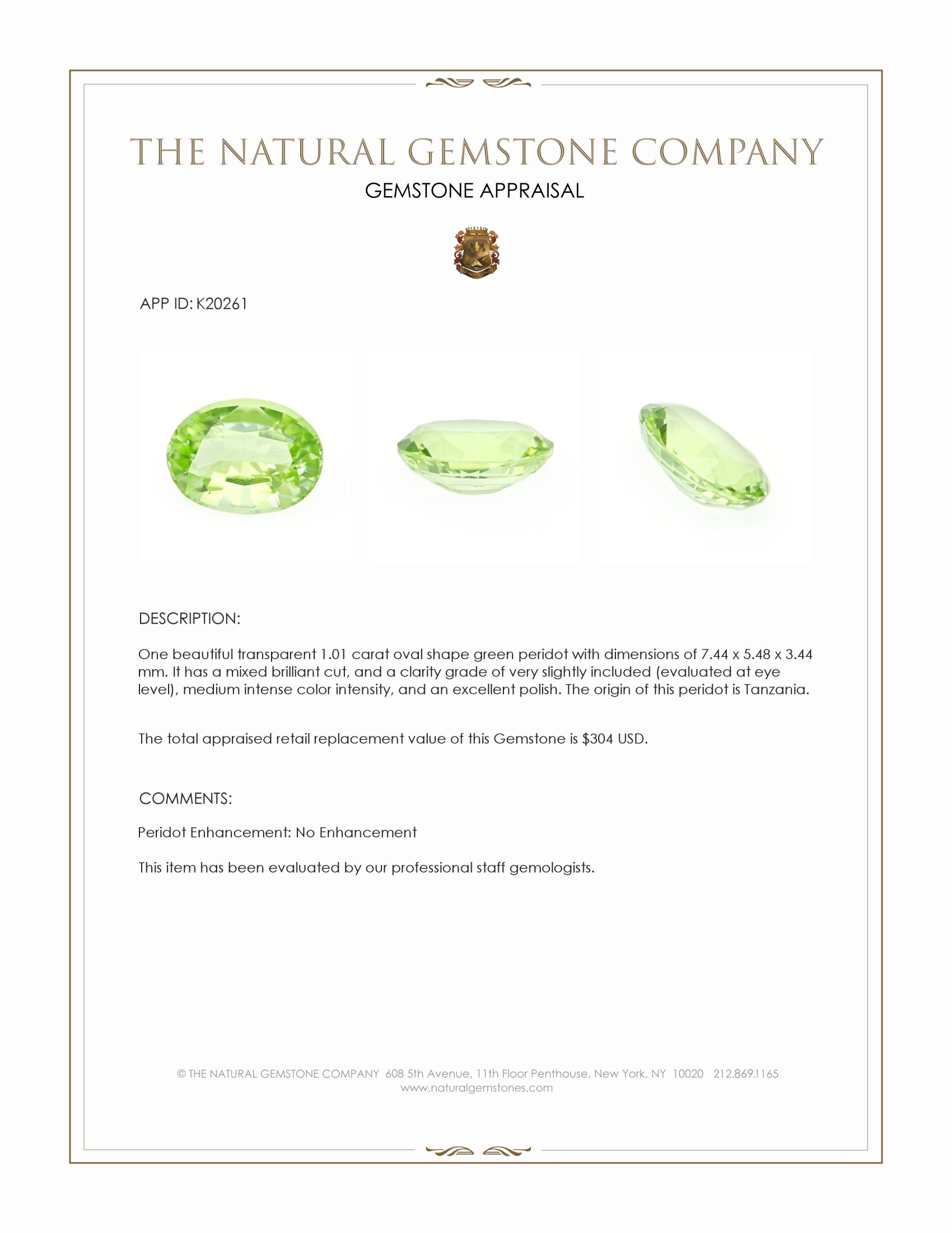 1.01 Ct. Green (Lime Green) Peridot from Tanzania