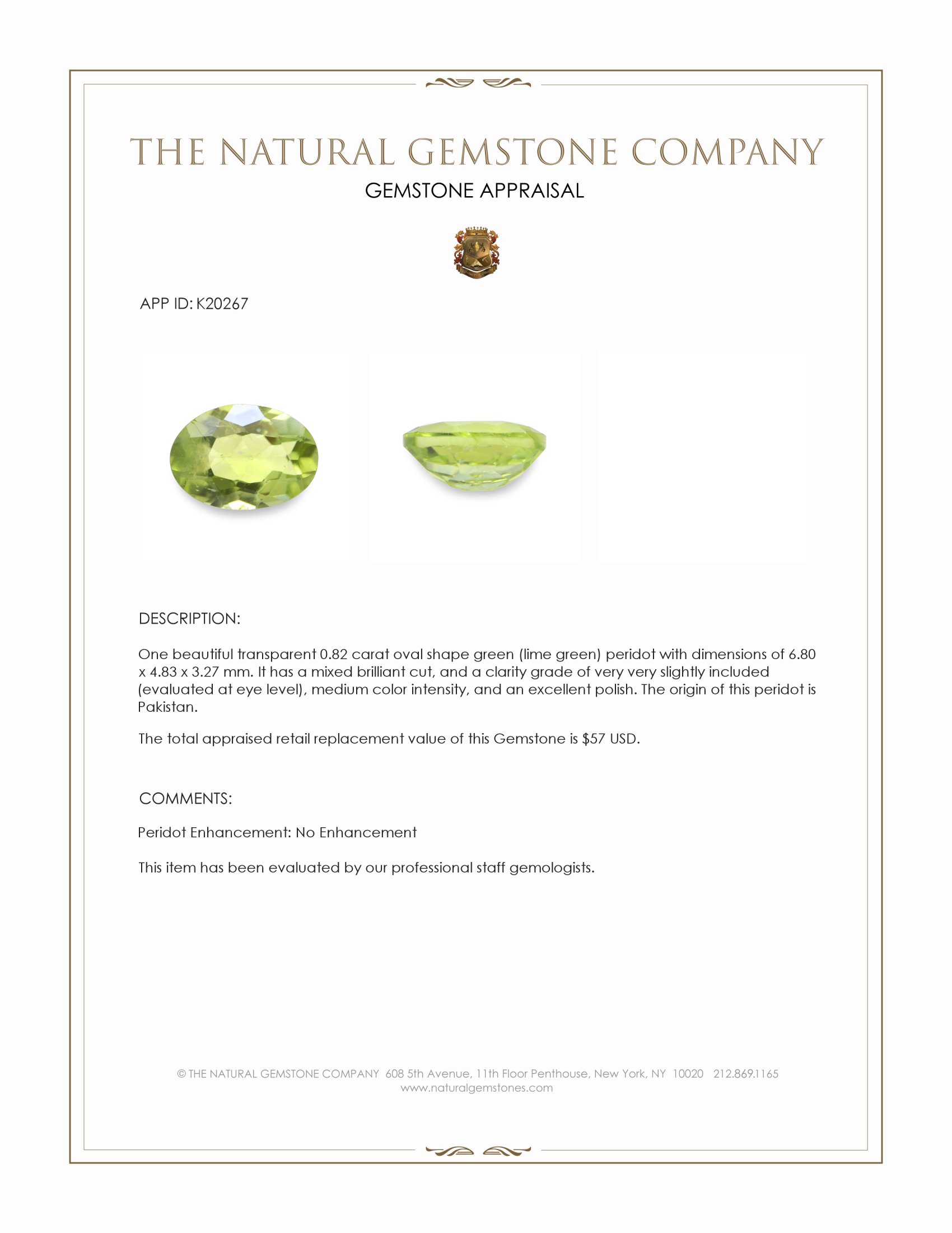 0.82 Ct. Green (Lime Green) Peridot from Pakistan