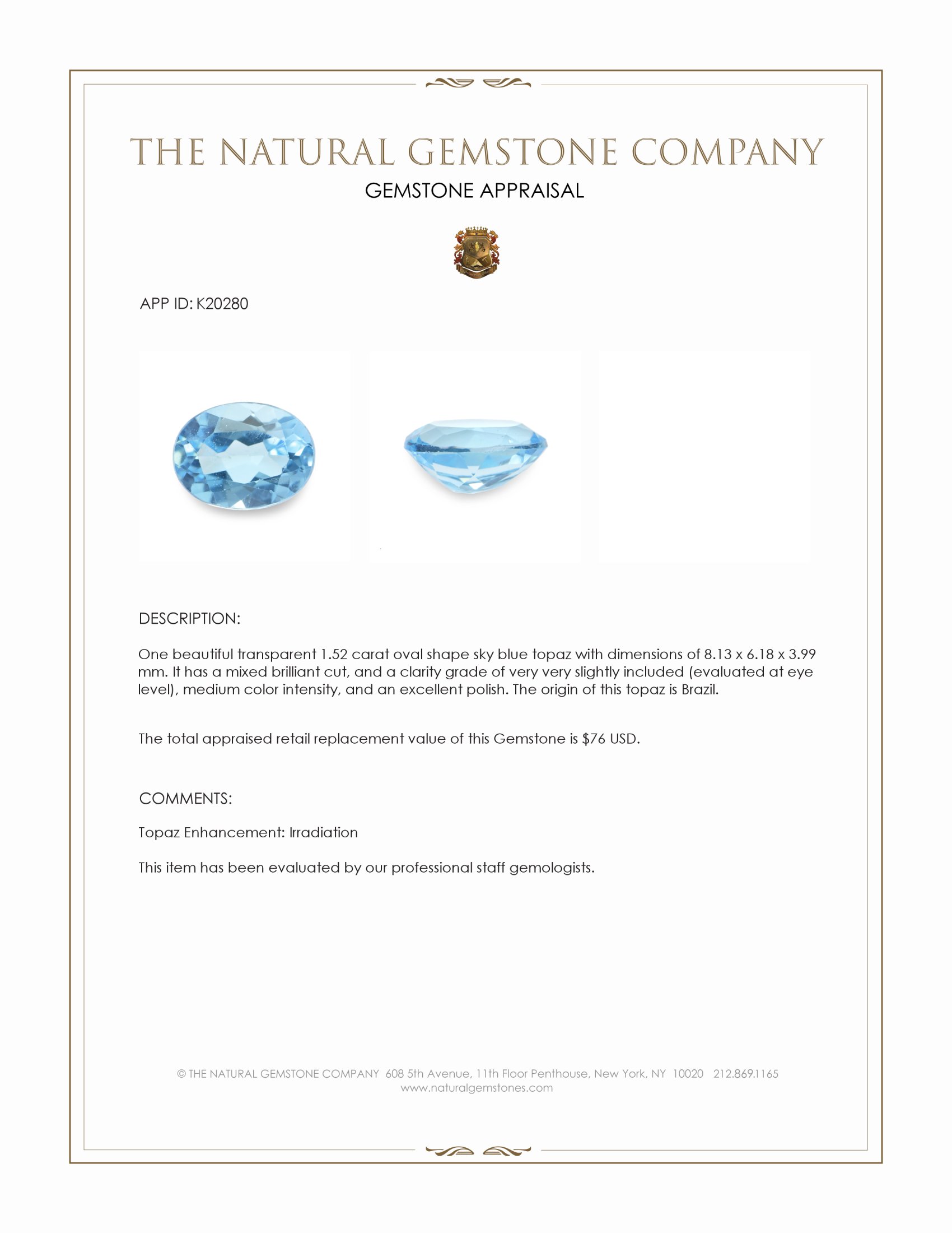 1.52 Ct. Sky Blue Topaz from Brazil