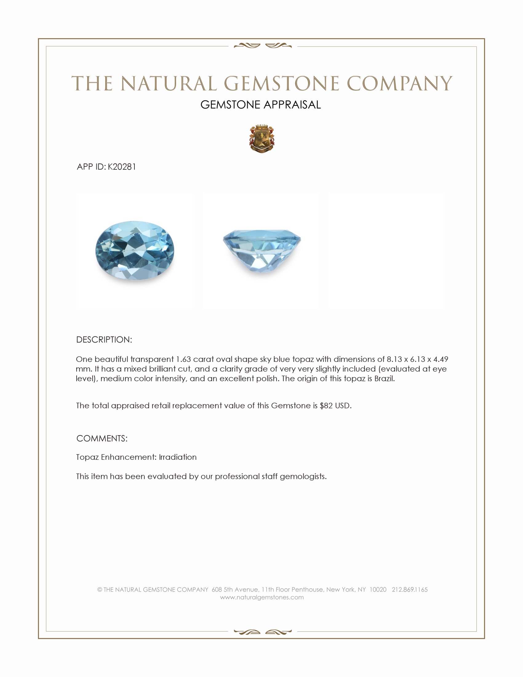 1.63 Ct. Sky Blue Topaz from Brazil