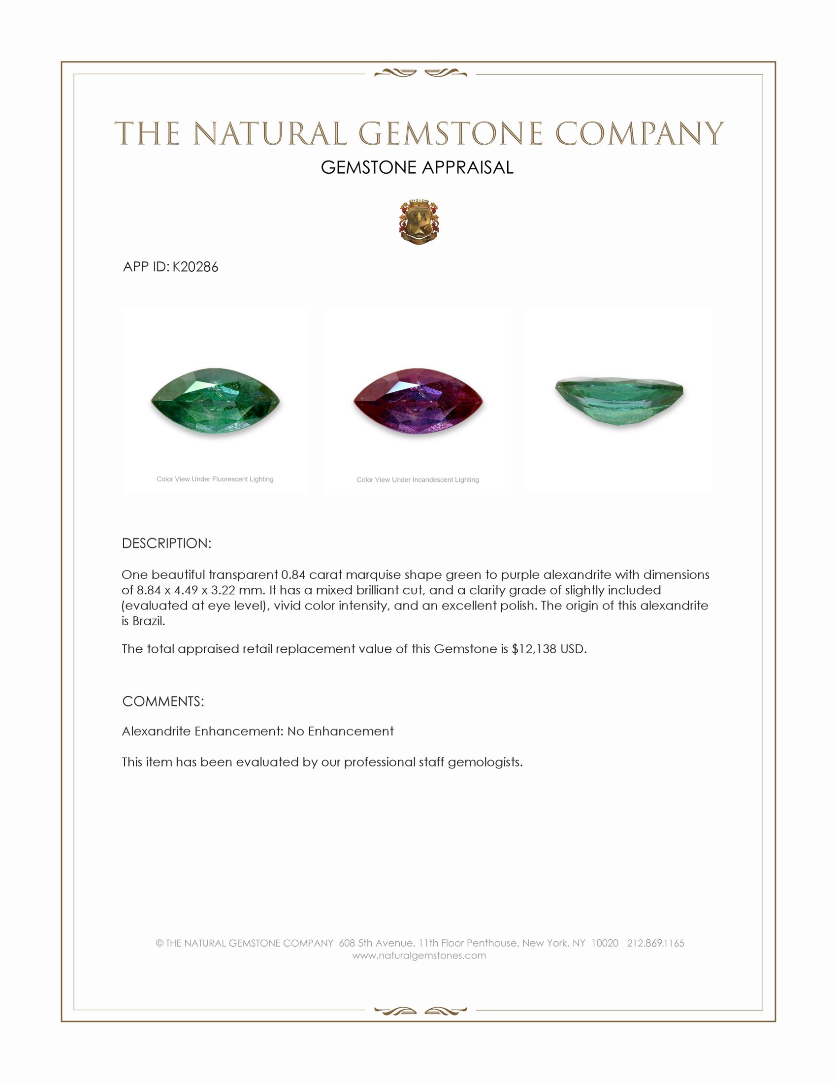 0.84 Ct. Alexandrite from Brazil