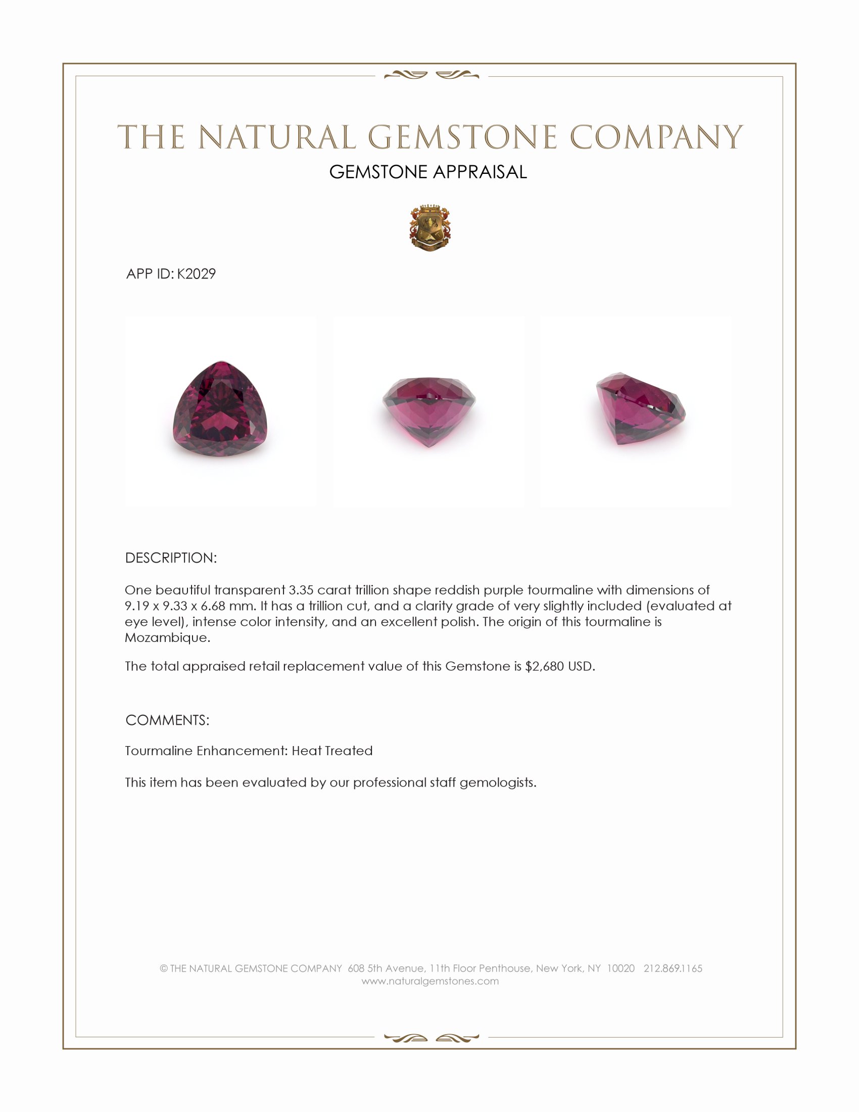 3.35 Ct. Reddish Purple Tourmaline from Mozambique