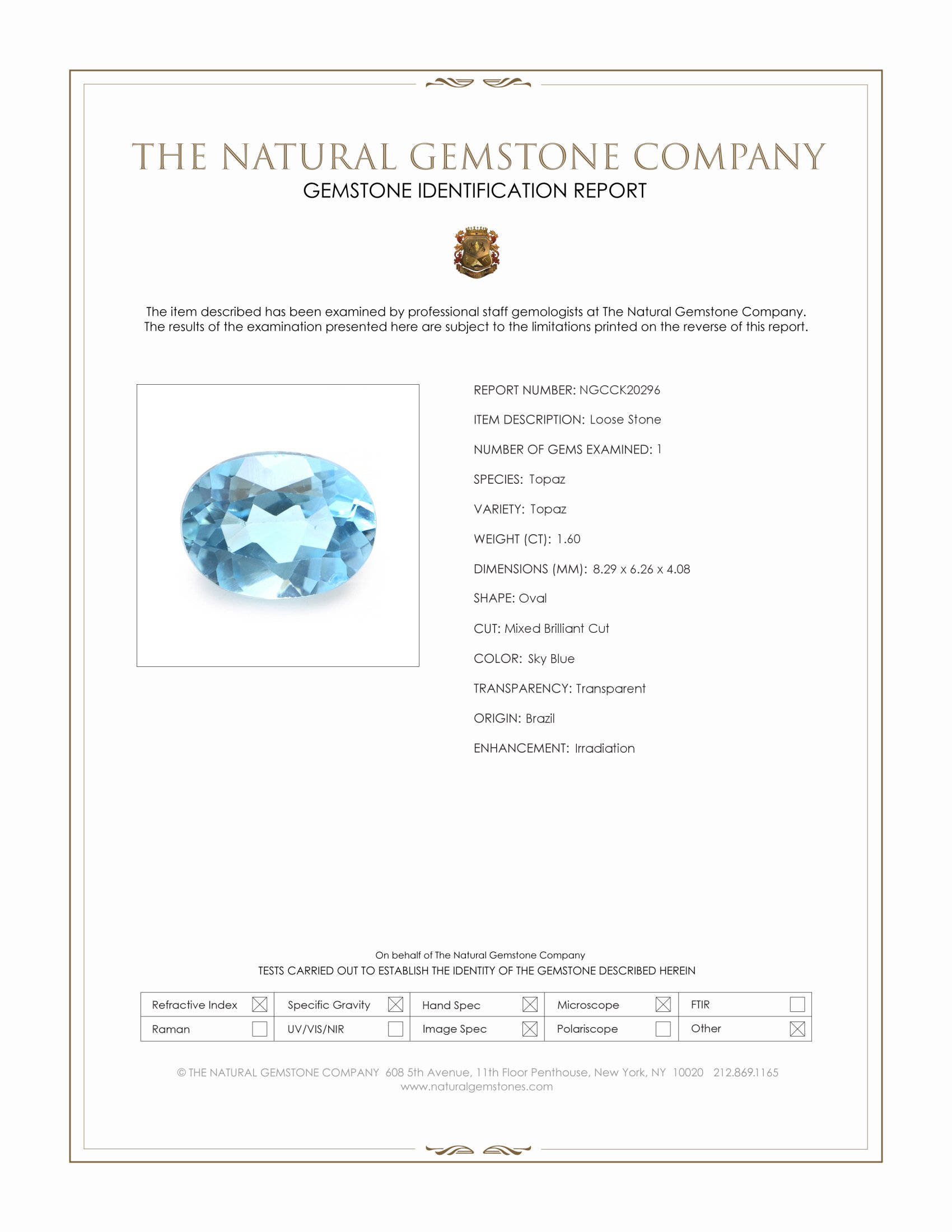 1.60 Ct. Sky Blue Topaz from Brazil