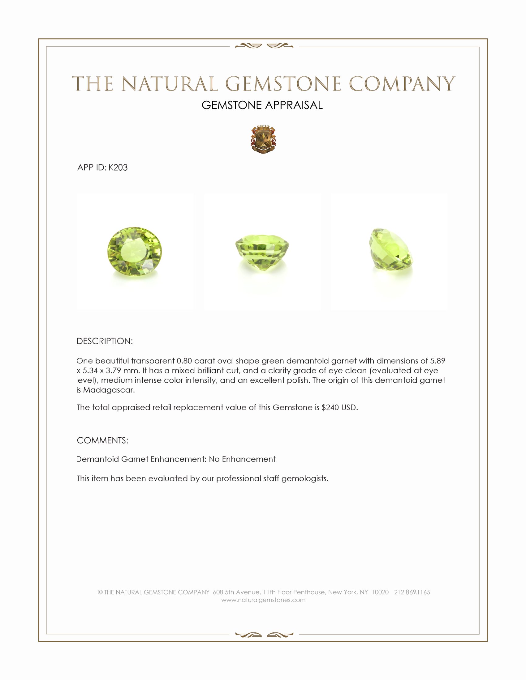 0.80 Ct. Green Demantoid Garnet from Madagascar