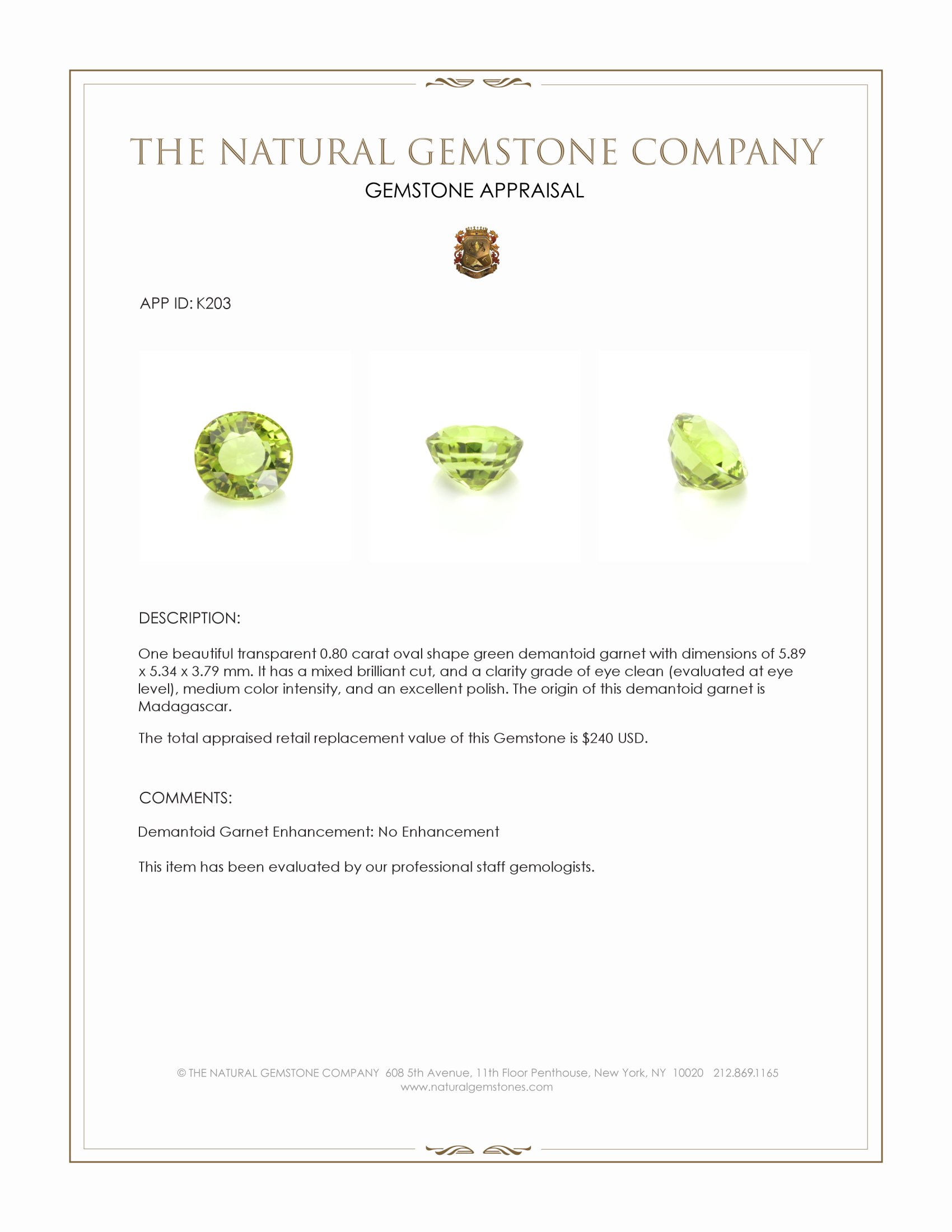 0.80 Ct. Demantoid Garnet from Madagascar