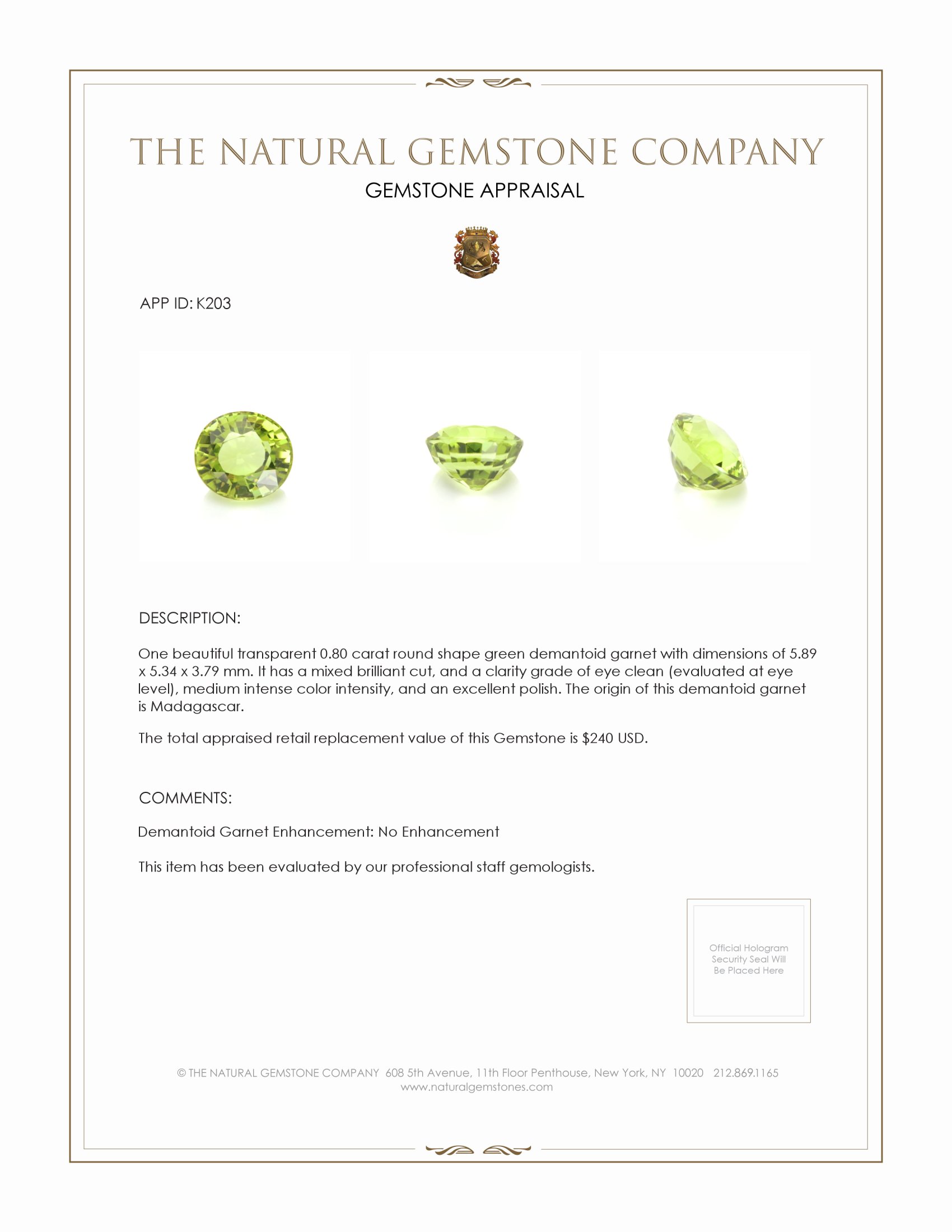 0.80 Ct. Demantoid Garnet from Madagascar