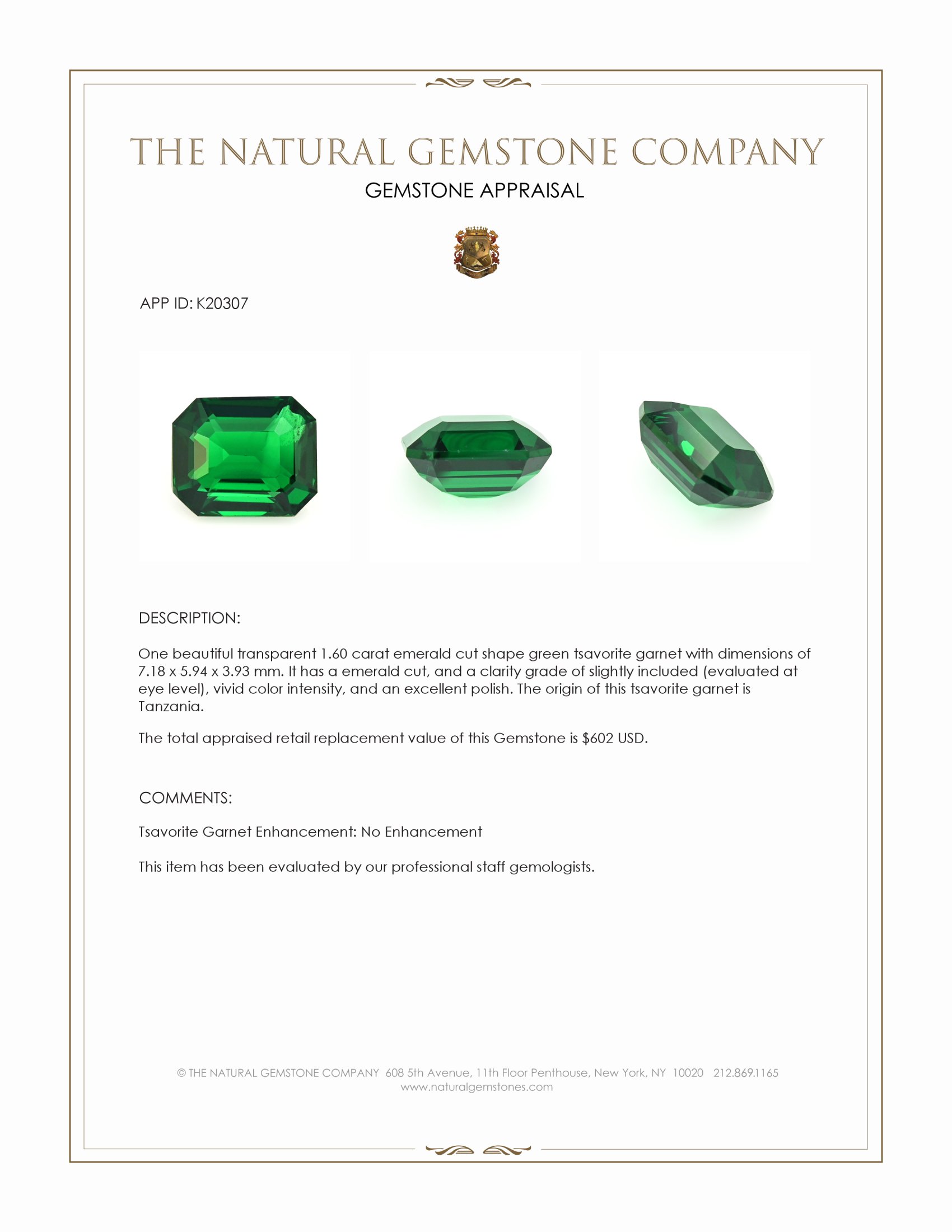 1.60 Ct. Tsavorite Garnet from Tanzania
