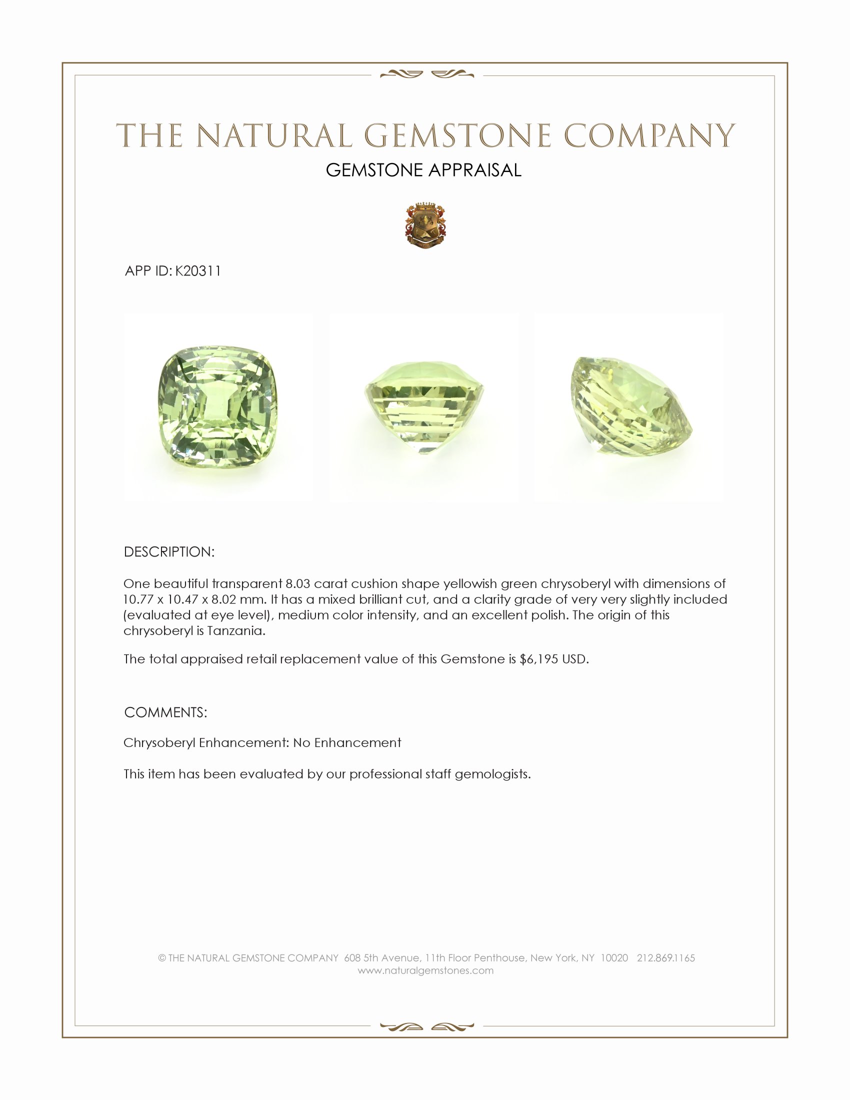 8.03 Ct. Yellowish Green Chrysoberyl from Tanzania
