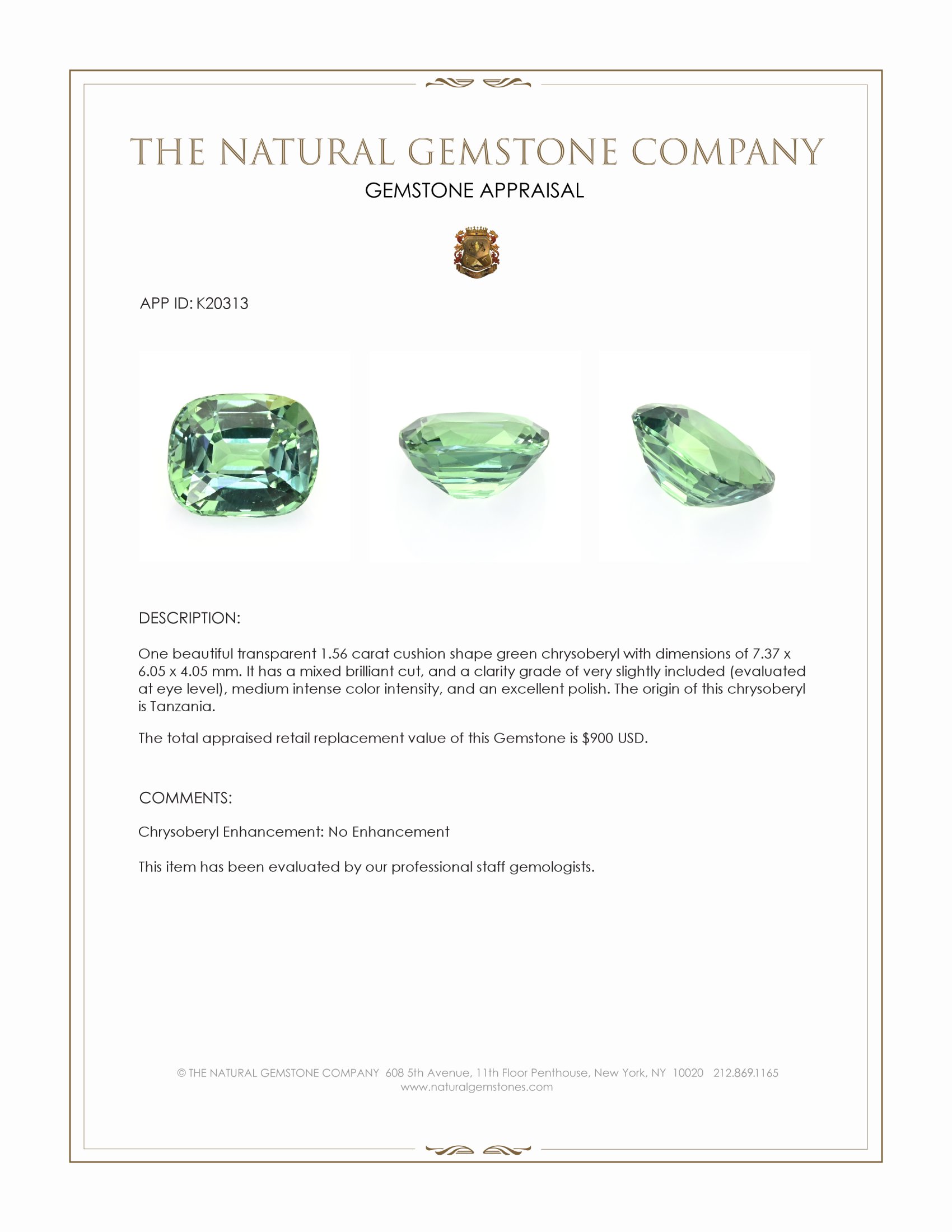 1.56 Ct. Green Chrysoberyl from Tanzania