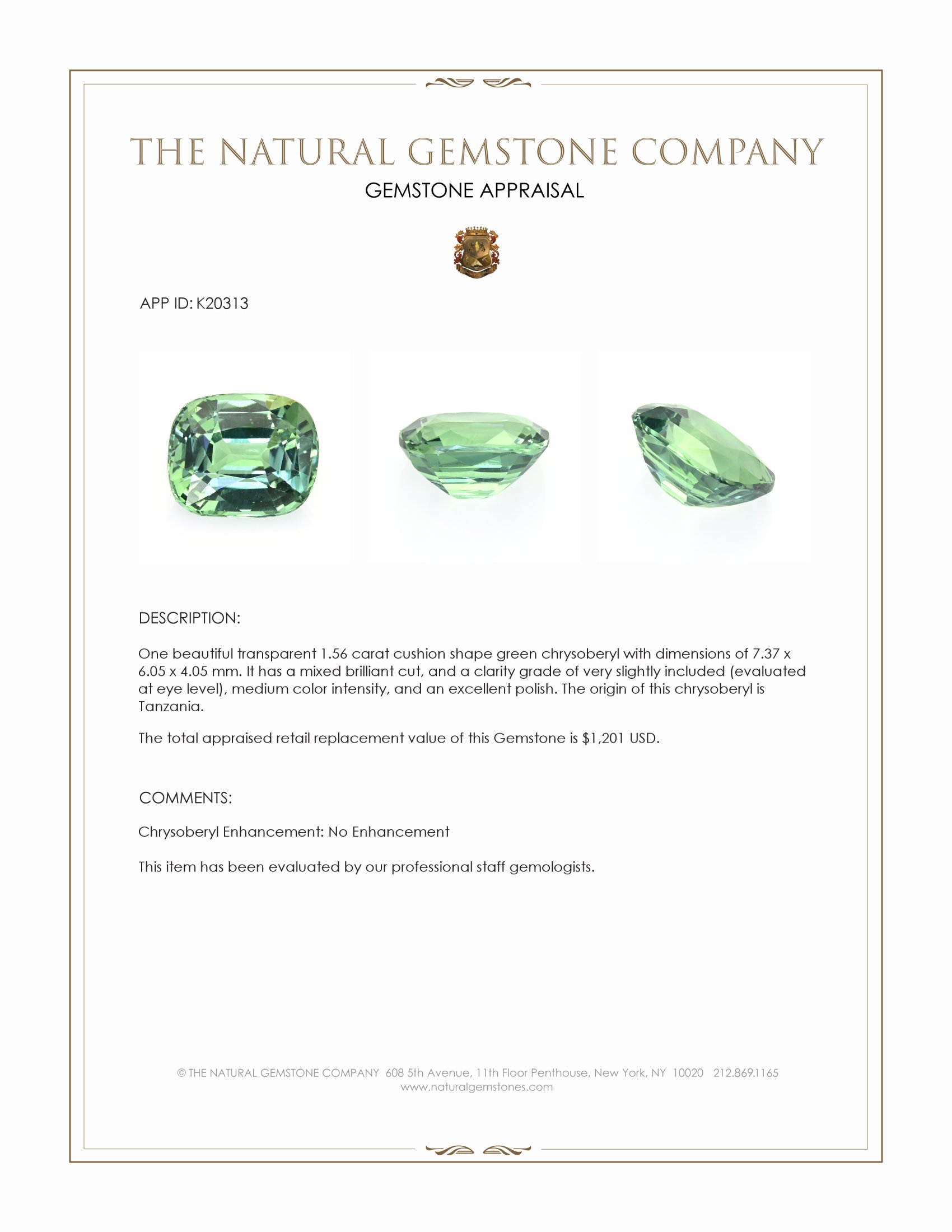 1.56 Ct. Chrysoberyl from Tanzania