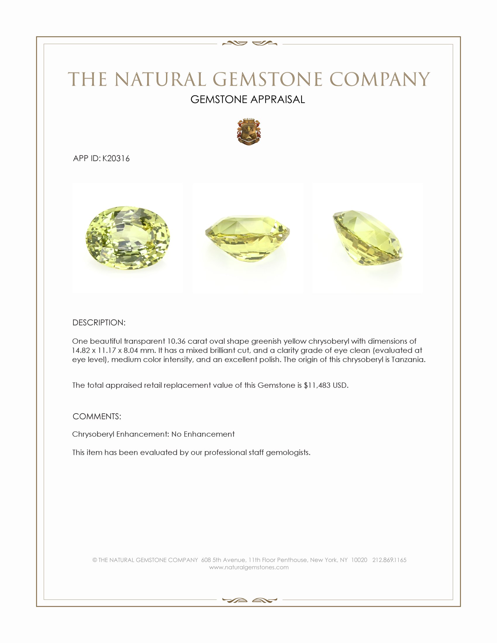 10.36 Ct. Greenish Yellow Chrysoberyl from Tanzania