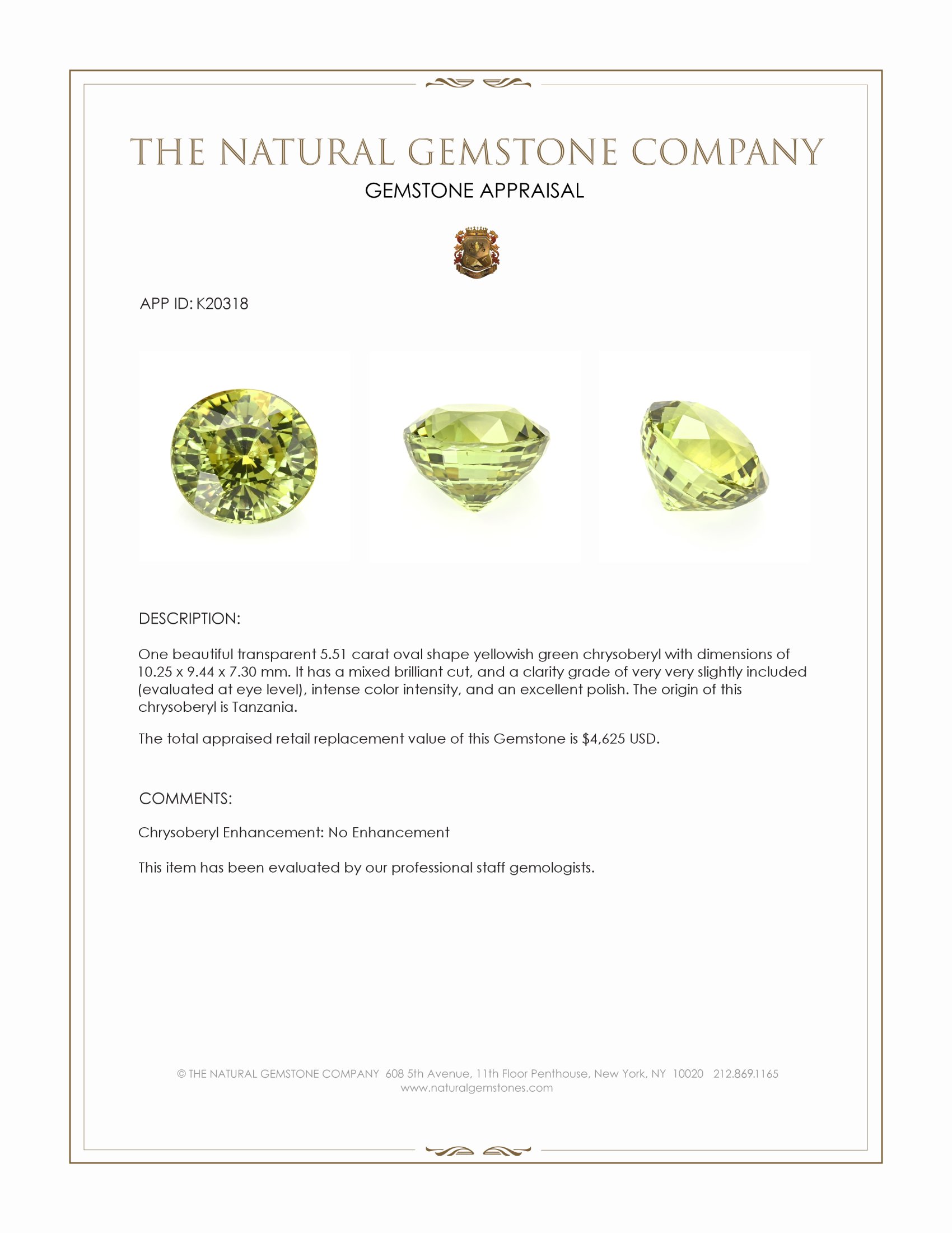 5.51 Ct. Chrysoberyl from Tanzania