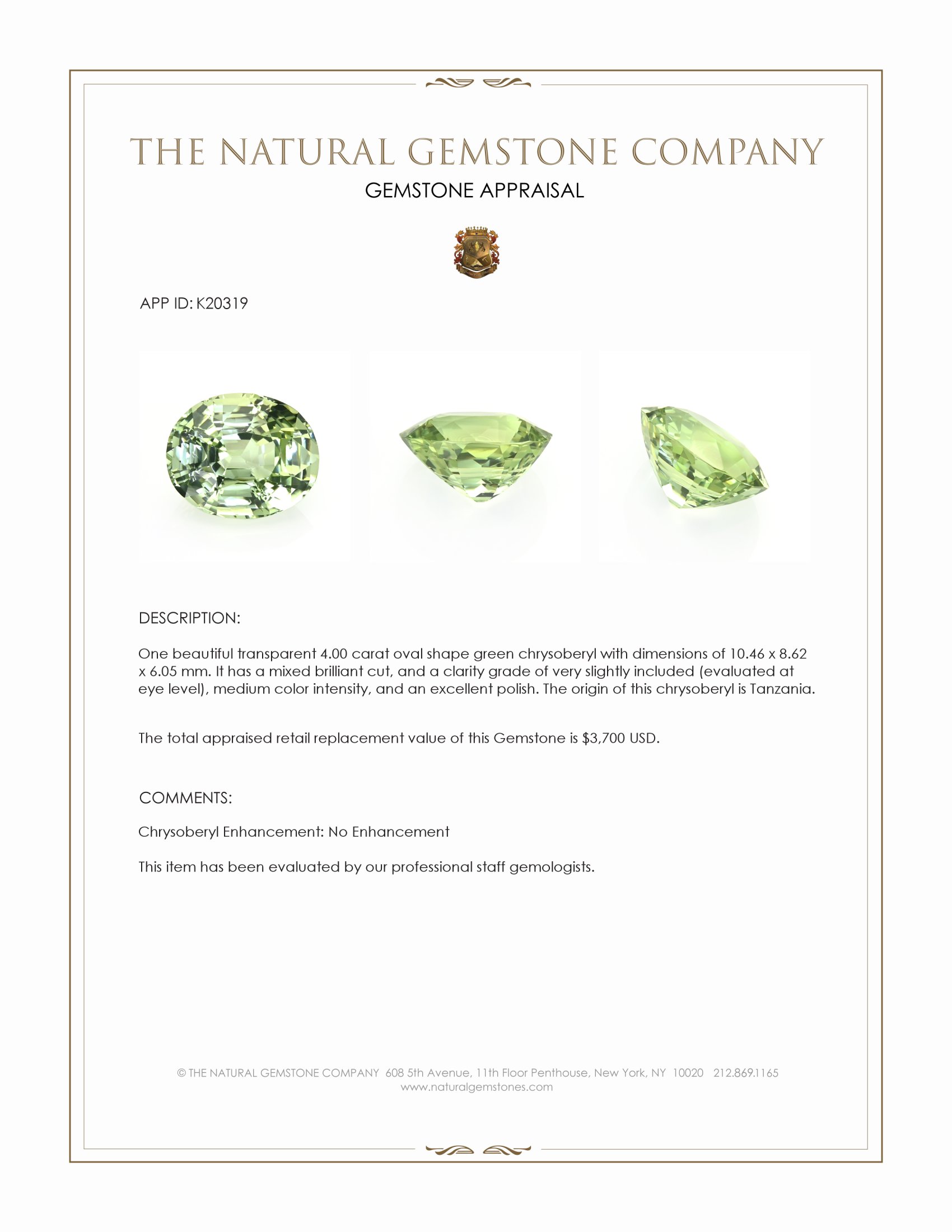 4.00 Ct. Chrysoberyl from Tanzania