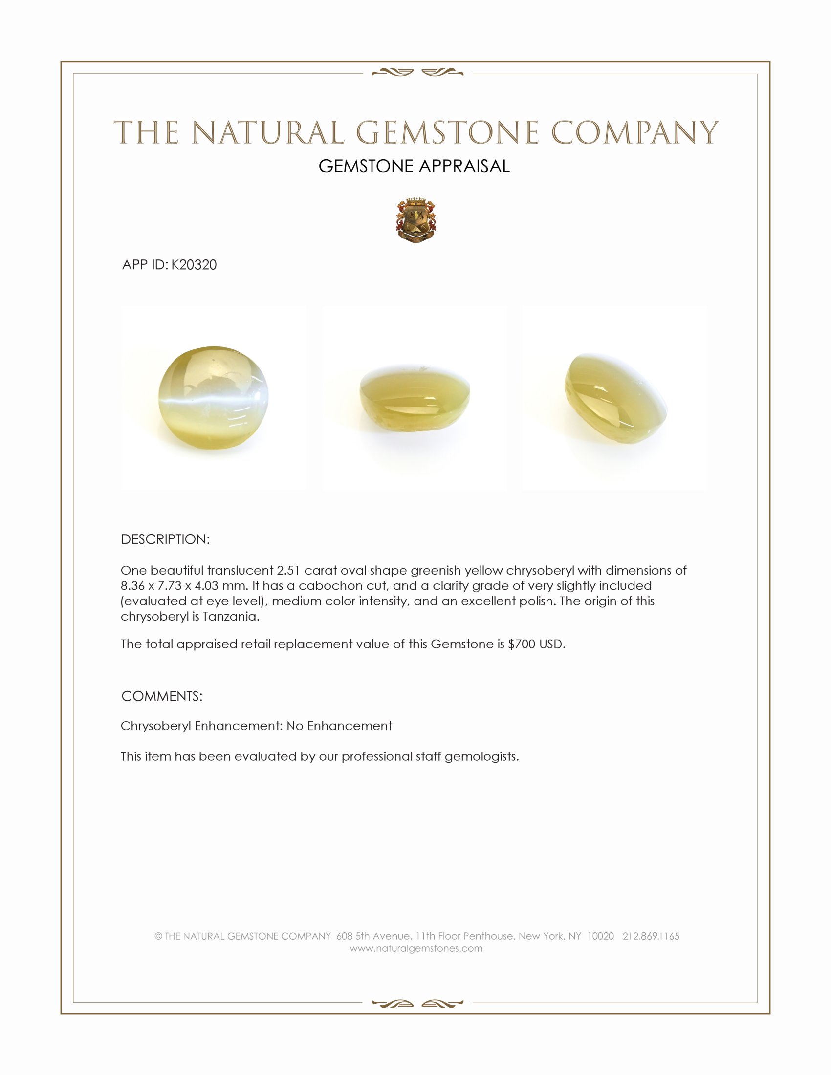 2.51 Ct. Cabochon Chrysoberyl from Tanzania