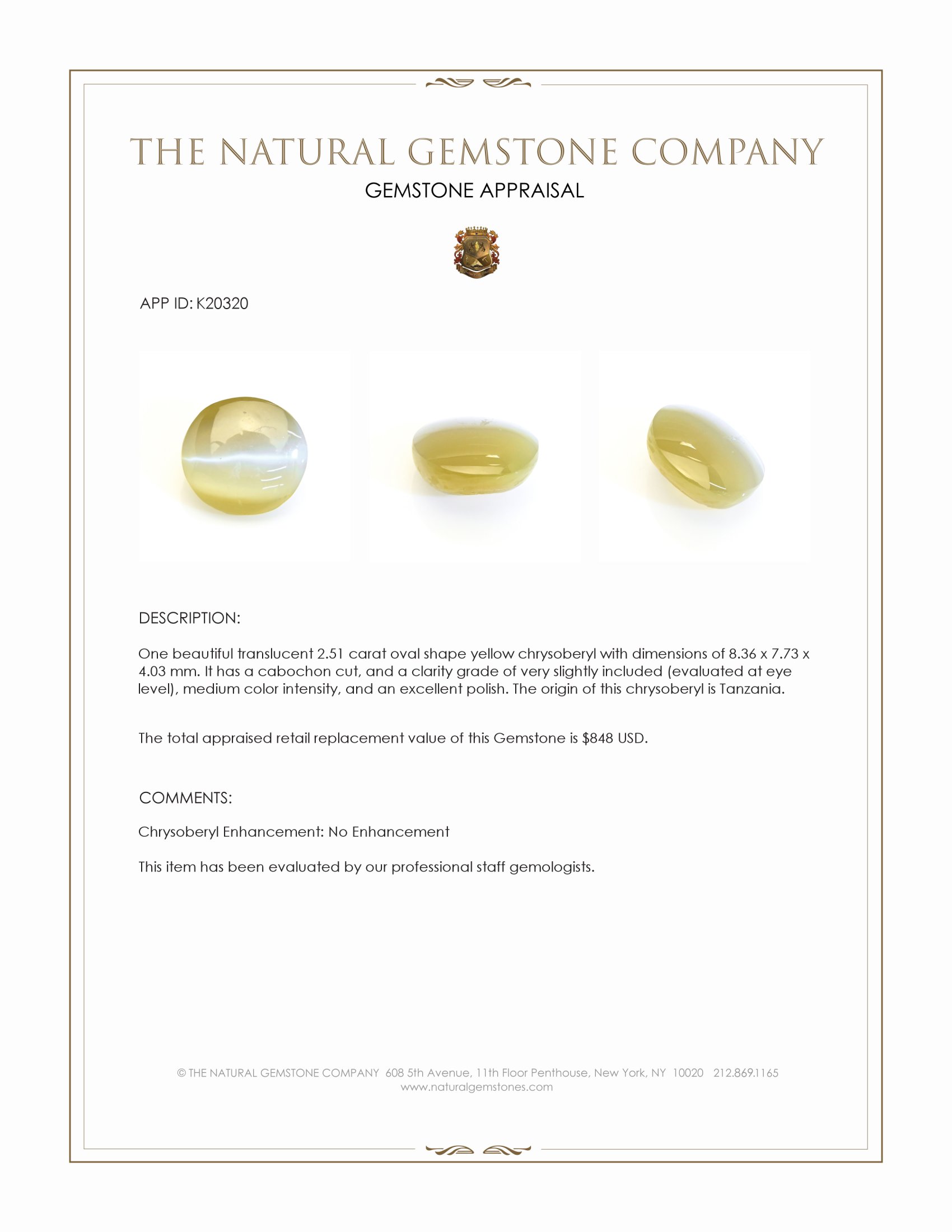 2.51 Ct. Cabochon Chrysoberyl from Tanzania